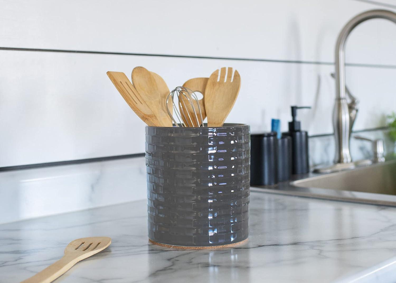 Elanze Designs Embossed Subway Tile Ceramic Stoneware Cork Bottom Kitchen Utensil Holder, Black