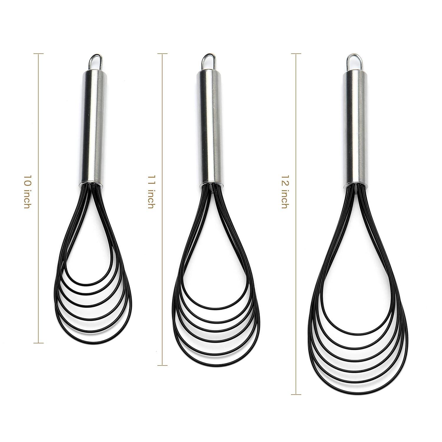 Flat Whisks Stainless Steel,3 Pack 10''+11''+12'' Set Premium Sturdy-6 Silicone Heads Non Stick Wires Whisk for Blending Beating Stirring Kitchen Cooking Color Grey