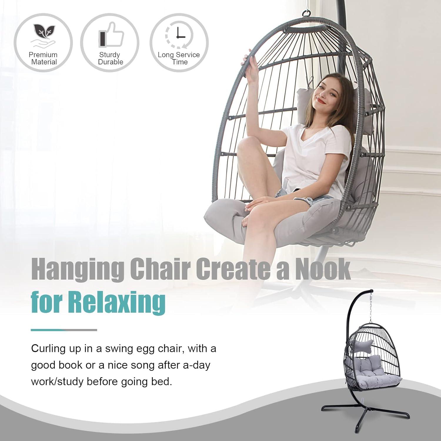 NICESOUL All Weather Swing Egg Chair Indoor Outdoor, Comfy Rattan Patio Basket Hanging Chair with Stand and Cushions, 350lbs Heavy Duty Sturdy Egg Hammock Chairs for Porch Balcony Deck Garden, Gray