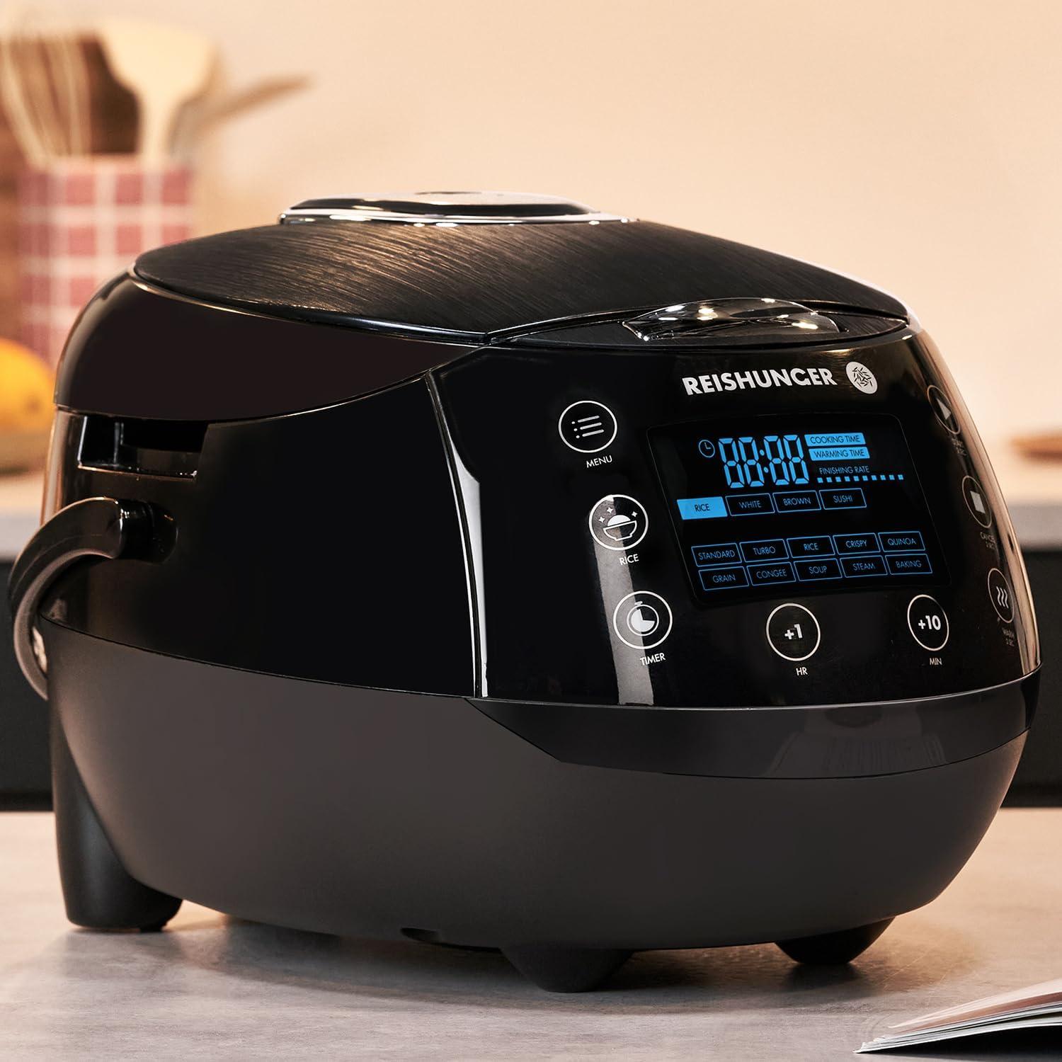 Reishunger Digital Rice Cooker and Steamer, Black, Timer - 8 Cups - Premium Inner Pot, Multi Cooker with 12 Programs & 7-Phase Technology for Brown Rice, Soups, Grains, Oatmeal & more - 1-8 People