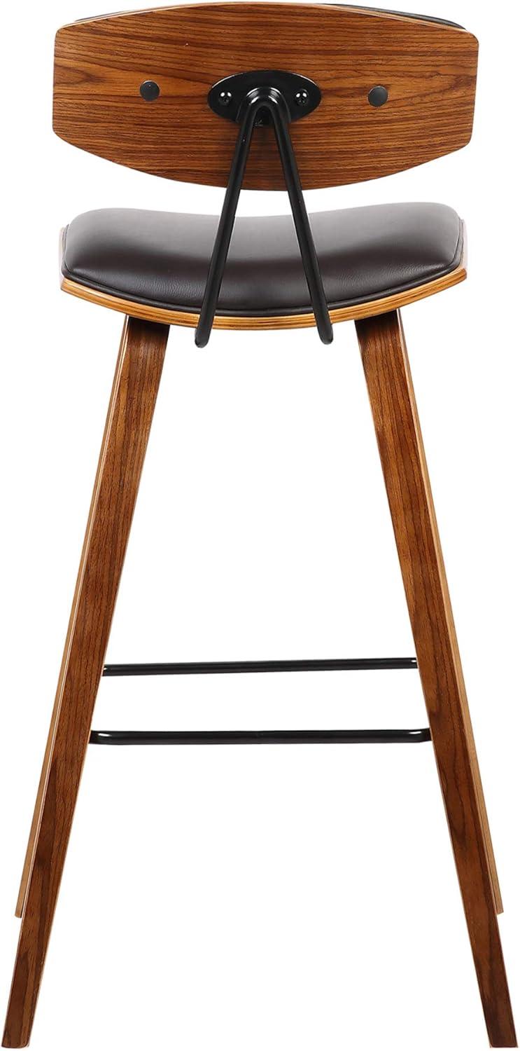 Armen Living 26" Fox Mid-Century Counter Height Barstool in Brown Faux Leather with Walnut Wood: Upholstered Square Seat, Padded Back