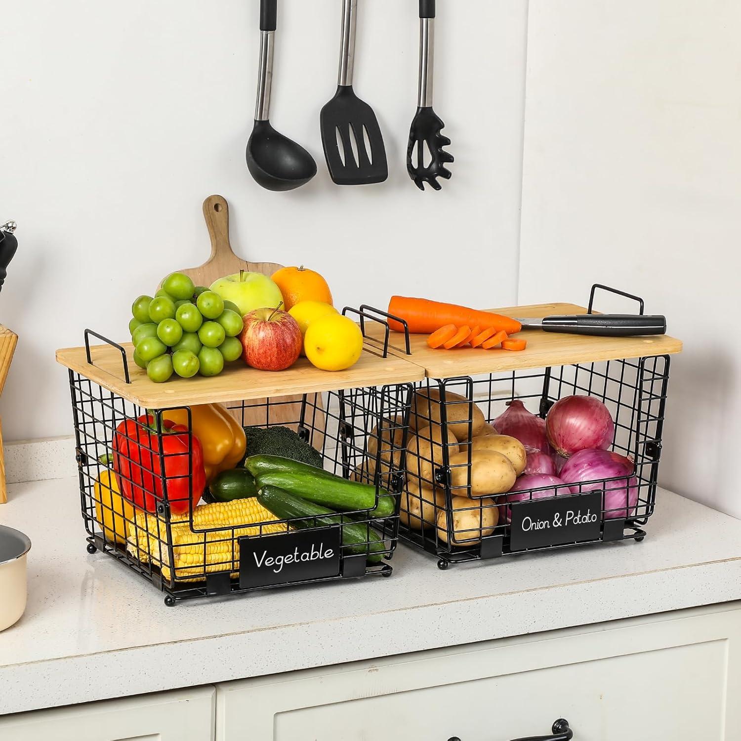 Large Black Stackable Wire Basket with Bamboo Top