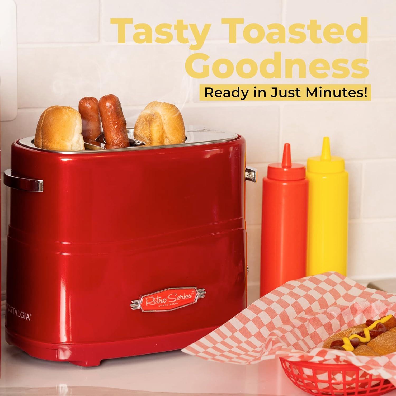 Retro Red 2-Slice Hot Dog and Bun Toaster with Mini Tongs
