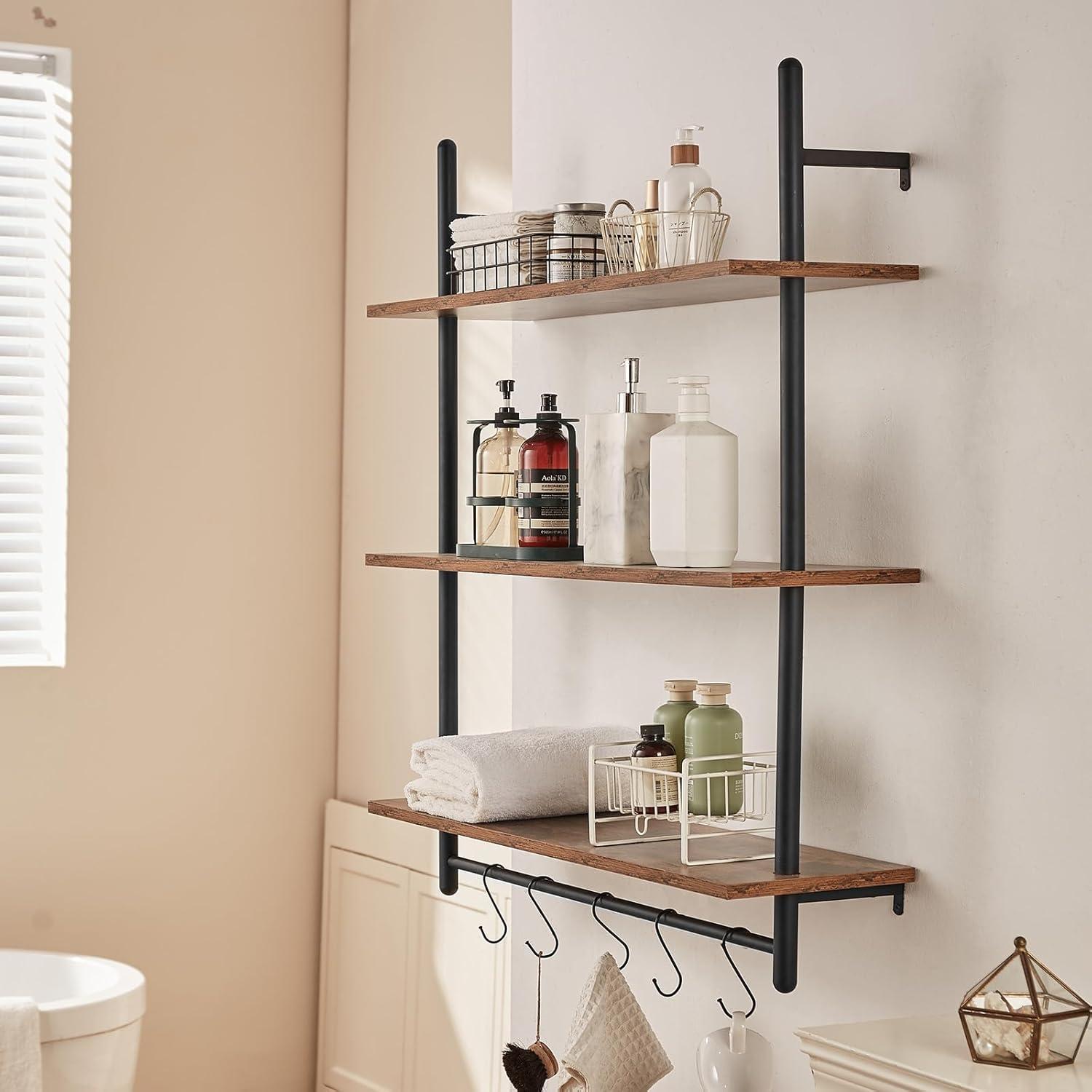 VEVOR Industrial Pipe Shelf, 3 Tier 32x9.84in, Wall-Mount Floating Rustic Wood Shelves Bracket Display Bookshelf, Storage Rack Sundries Holder for Kitchen Bedroom Bathroom Living Room, Black