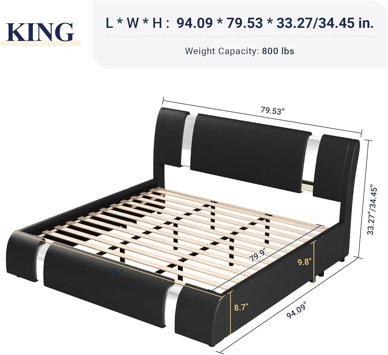 Allewie King Size Bed Frame with Iron Piece Decor, Faux Leather Upholstered Platform Bed with Curved Adjustable Headboard, Wooden Slats Support, No Box Spring Needed, Modern Black