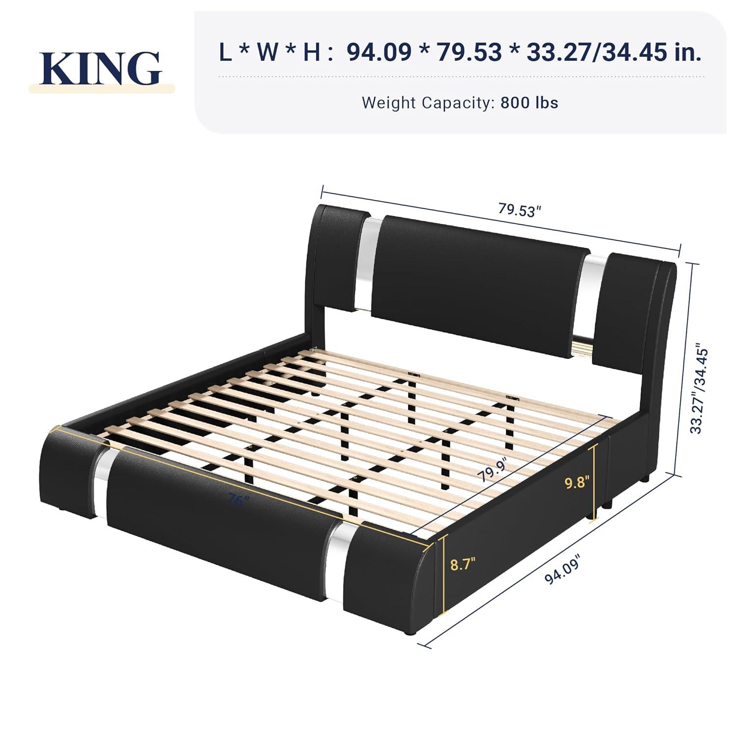 Allewie King Size Bed Frame with Iron Piece Decor, Faux Leather Upholstered Platform Bed with Curved Adjustable Headboard, Wooden Slats Support, No Box Spring Needed, Modern Black