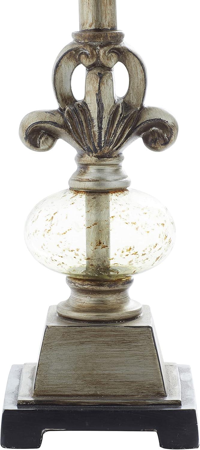 DecMode 32" Antique Style Floral Brass Buffet Lamp with Blue Linen Shade