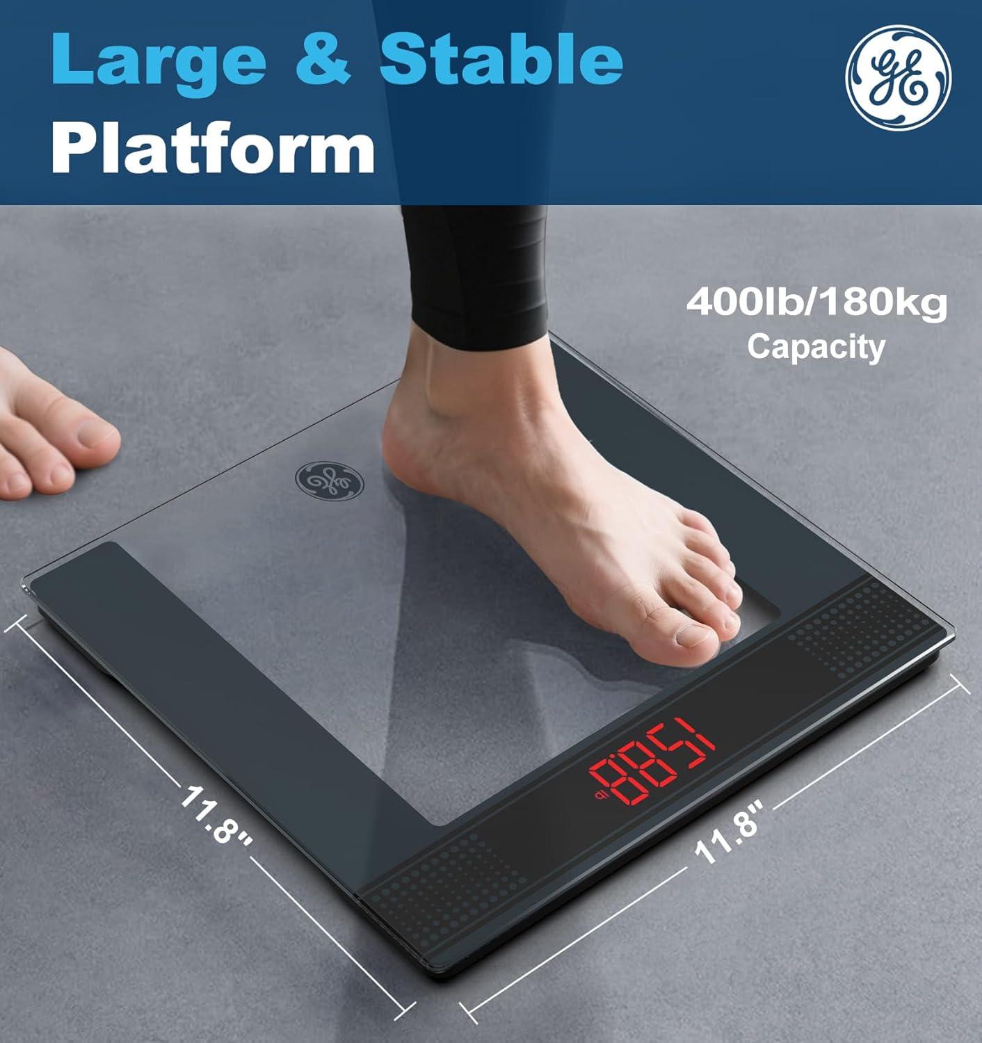GE Bathroom Scale for Body Weight: Highly Accurate Digital Scale Weighing Machine with Clear Tempered Glass, 11.8" Large Platform, Compact Design, LED Display, 400 lbs, 4 Units, with Body Tape Measure