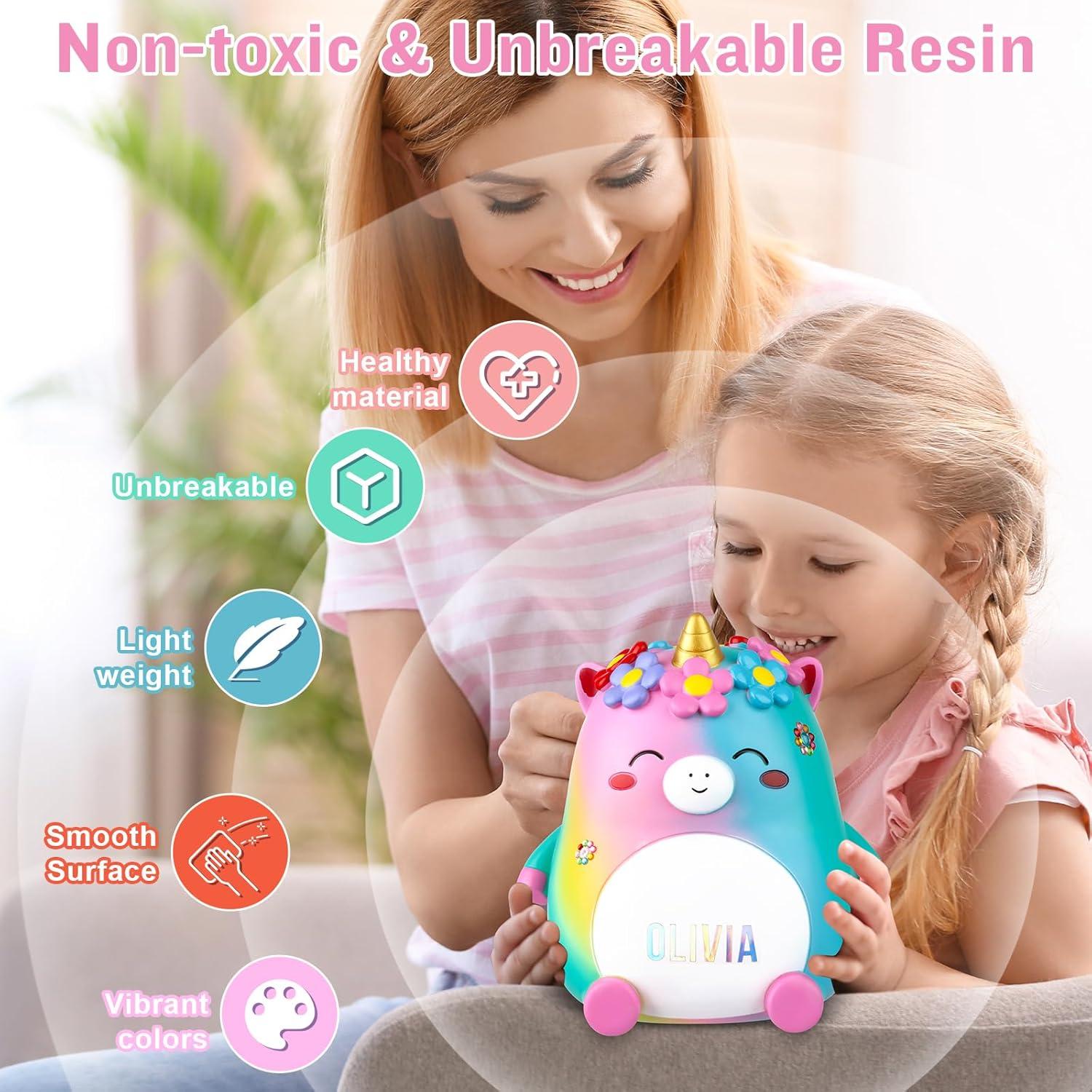 Unicorn Piggy Bank Girls – Cute Rainbow Kids Piggy Bank for Girls, Personalized Unbreakable Resin Coin Money Bank for Kids with Stickers for Toddlers