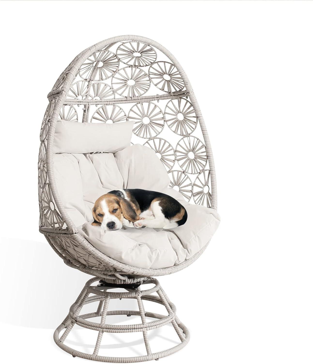 Ulax Furniture Wicker Egg Chair Indoor Outdoor Swivel Lounge Egg Chair with Cushions for Patio, Backyard, Living Room