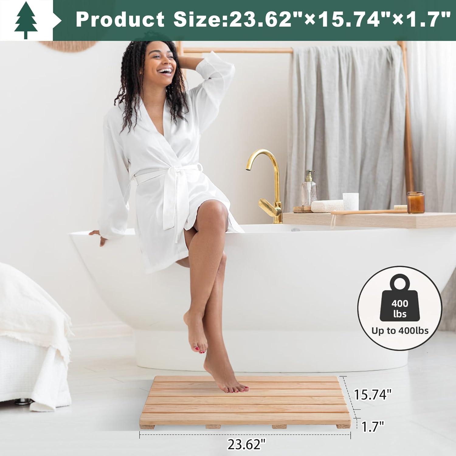 bingaai Hinoki Wood Shower and Bath Mat 25×18.9 in, Natural Japanese Hinoki Wooden Bath Mat, Non-Slip Bathroom Mat Wood for Indoor Outdoor Shower, Wooden Floor Mat for Spa Sauna Camping