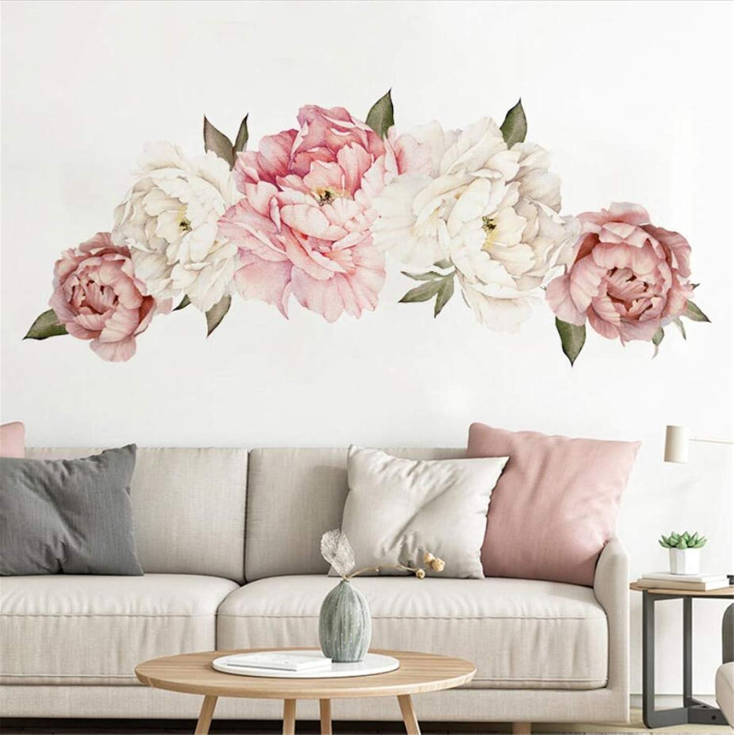 Peony Flowers Wall Sticker Waterproof PVC Peony Rose Flowers Wall Decals Removable Floral Wall Decor Sticker for Living Room Bedroom Nursery Room
