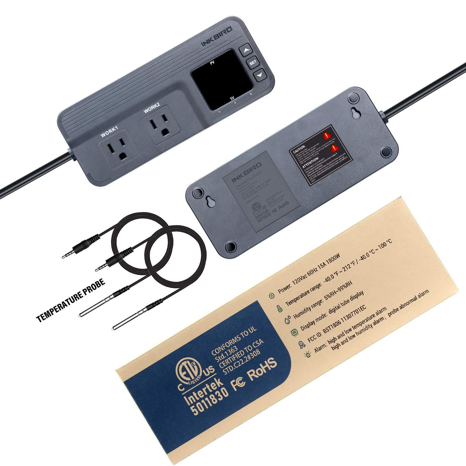 Inkbird ITC-608T Temperature Controller with Dual Temperature Sensor AC Dual Stage Outlet Thermostat with 12 Period Time Stage 1800W ETL Listed