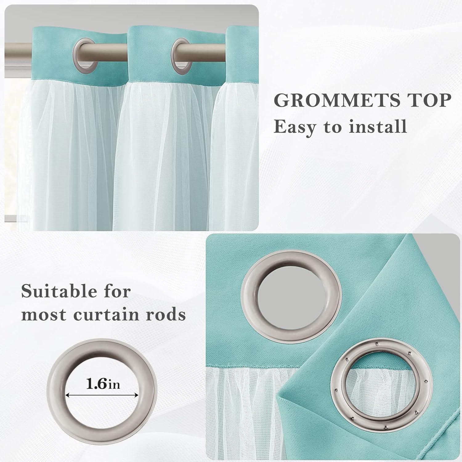 Set of 2 (84"x52") Caterina Layered Solid Blackout with Sheer Top Curtain Panels Aqua - Exclusive Home: Room Darkening, Thermal Insulated