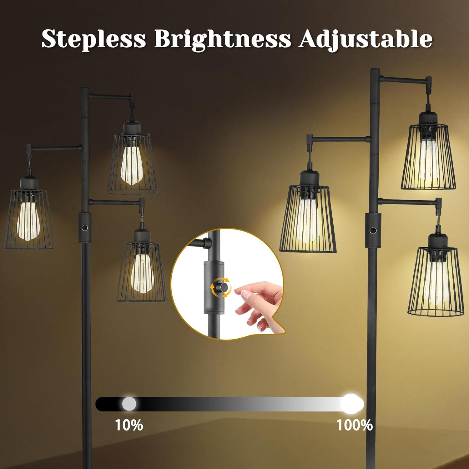 COFF Industrial Floor Lamp, 3 x 1200LM Edison LED Bulbs Included, Bright 3-Light Dimmable Floor Lamp, Farmhouse Tall Standing Lamp for Living Room, Bedroom Office Rustic Home Decor (Matte Black)
