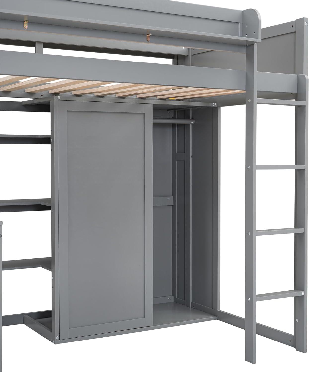 Bellemave Twin Size Loft Bed with Wardrobes and Desk, Wood Loft Beds Frame with Storage Shelves and Cabinet, High Loft Bed for Kids Teens Adults (Gray)