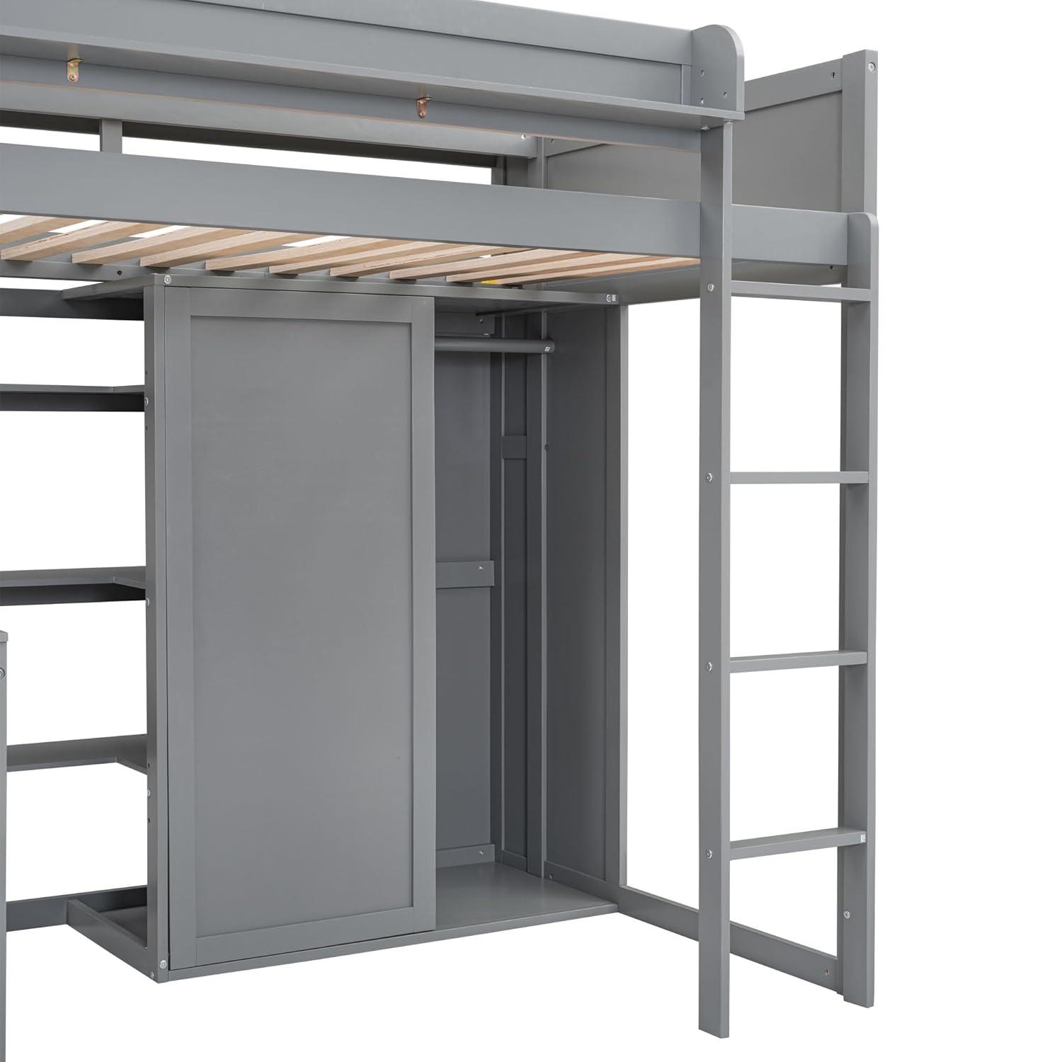 Bellemave Twin Size Loft Bed with Wardrobes and Desk, Wood Loft Beds Frame with Storage Shelves and Cabinet, High Loft Bed for Kids Teens Adults (Gray)