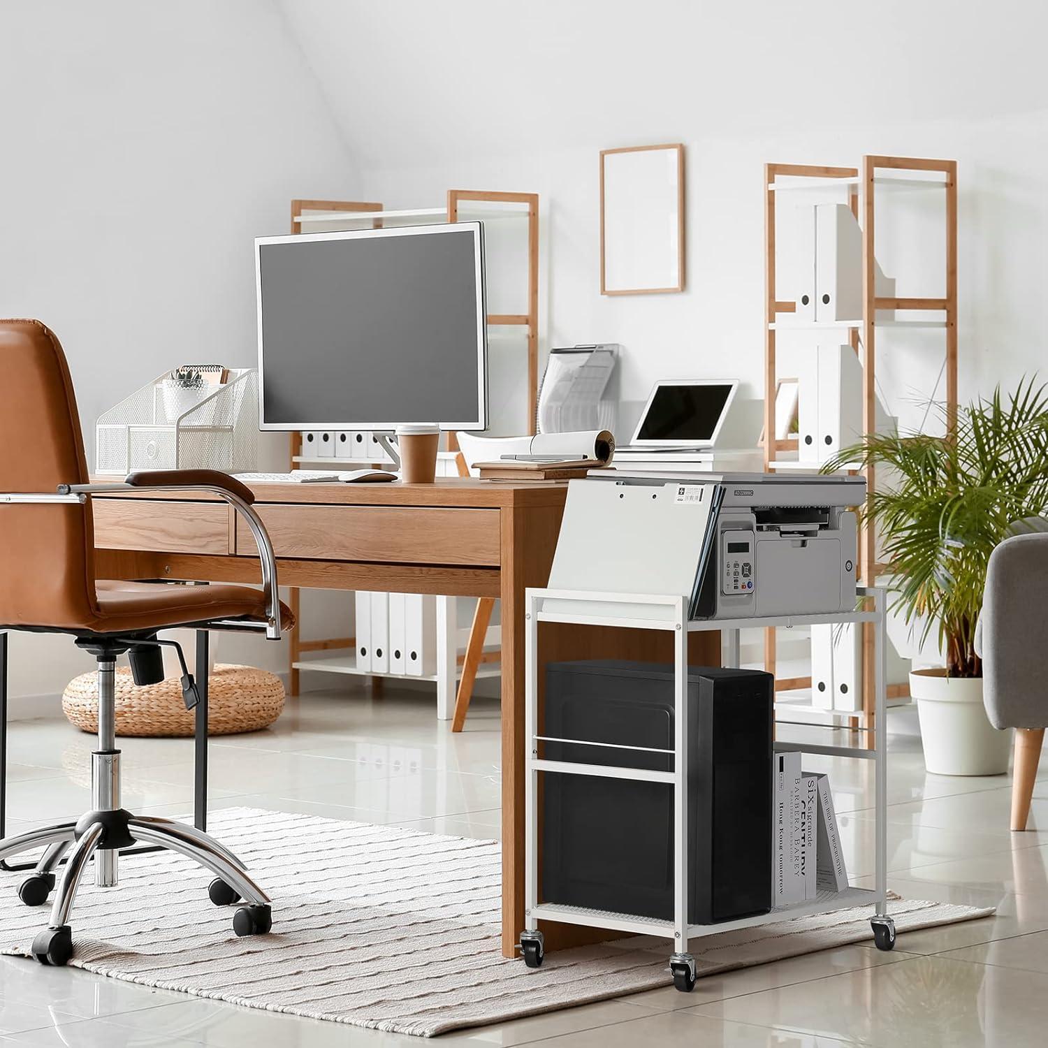 White Metal 2-Tier Mobile Printer and PC Tower Stand