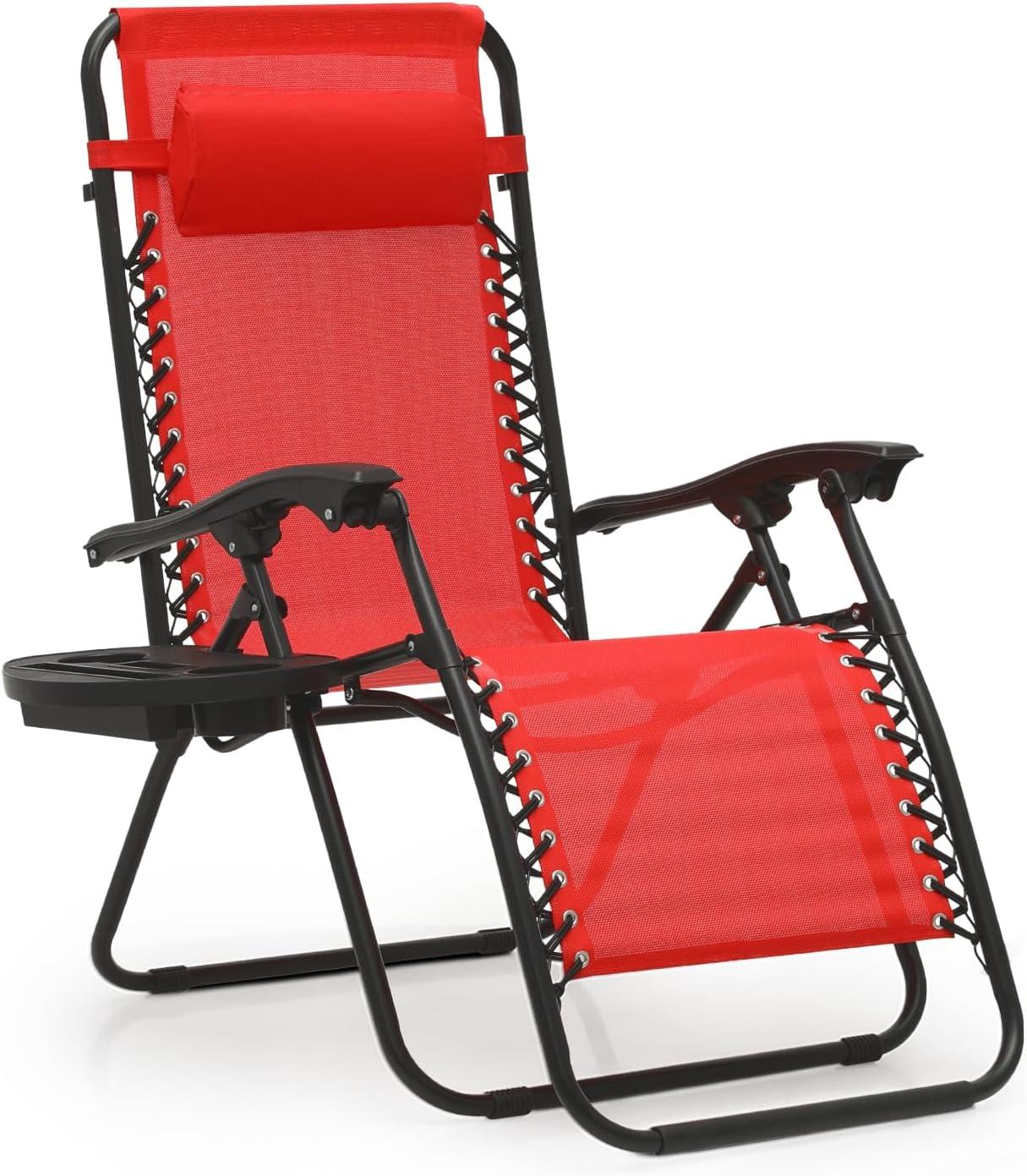 MoNiBloom Zero Gravity Lounge Chairs, Outdoor Patio Folding Beach Recliners with Headrest and Foot, Red