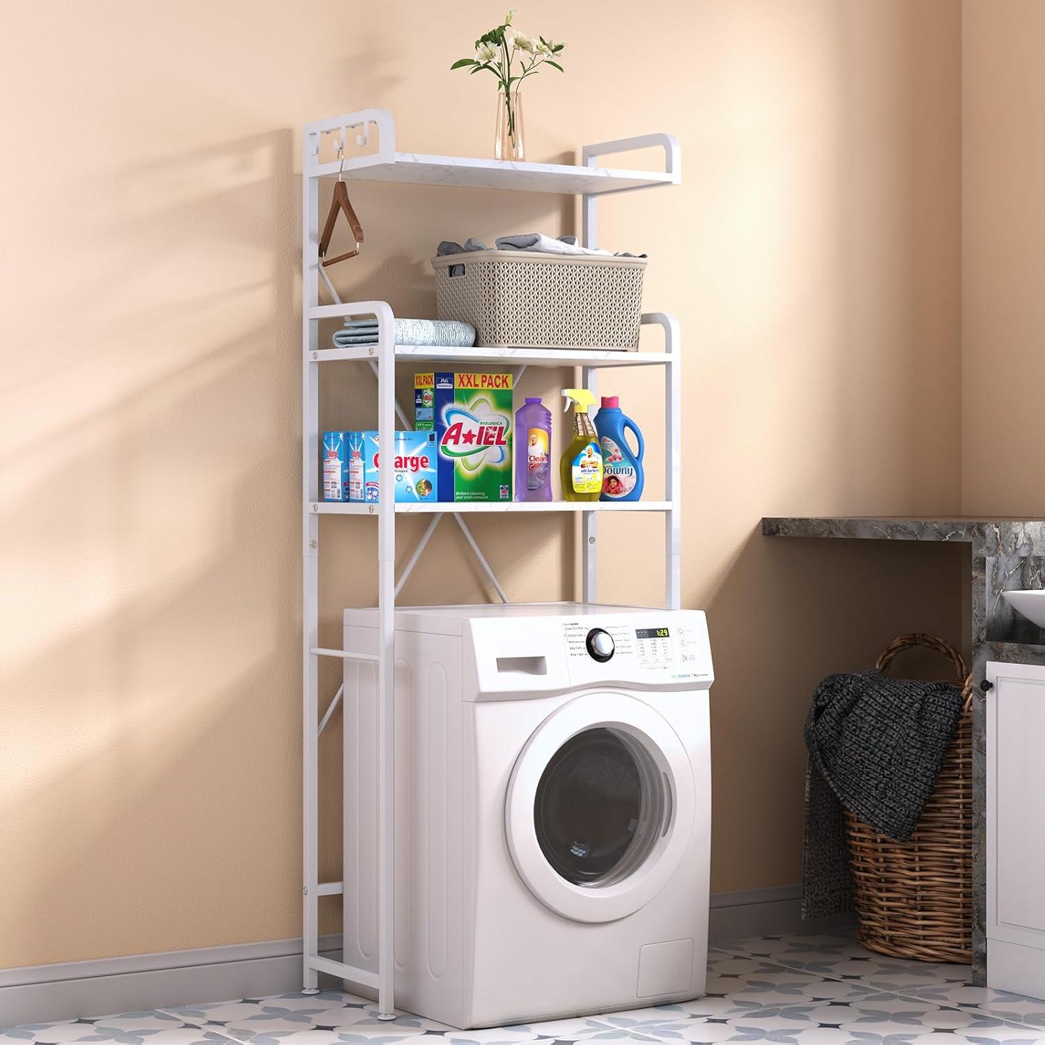 White Marble 3-Tier Over-the-Toilet Storage Rack with Hooks