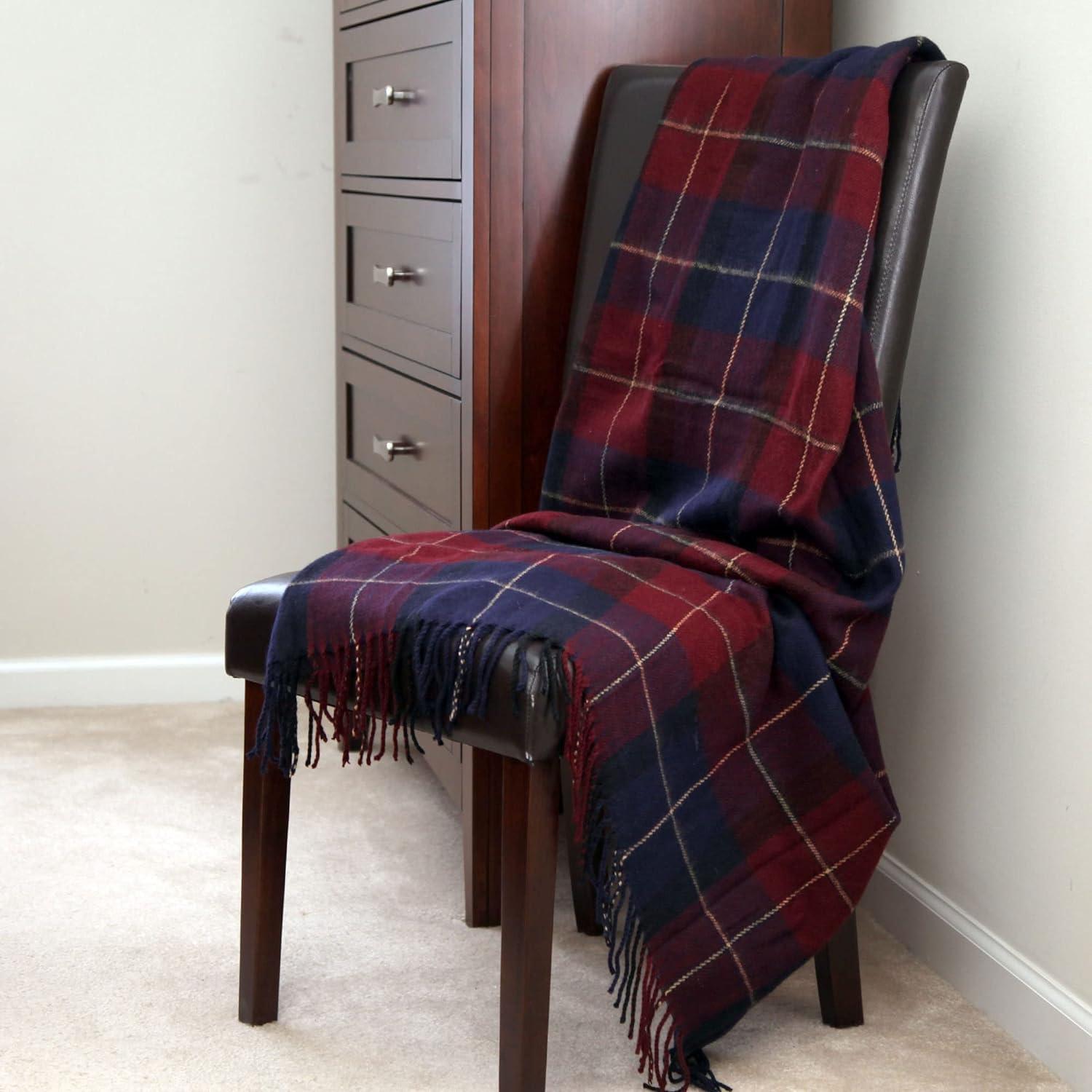 Blue and Red Plaid Wool Throw Blanket with Tassels