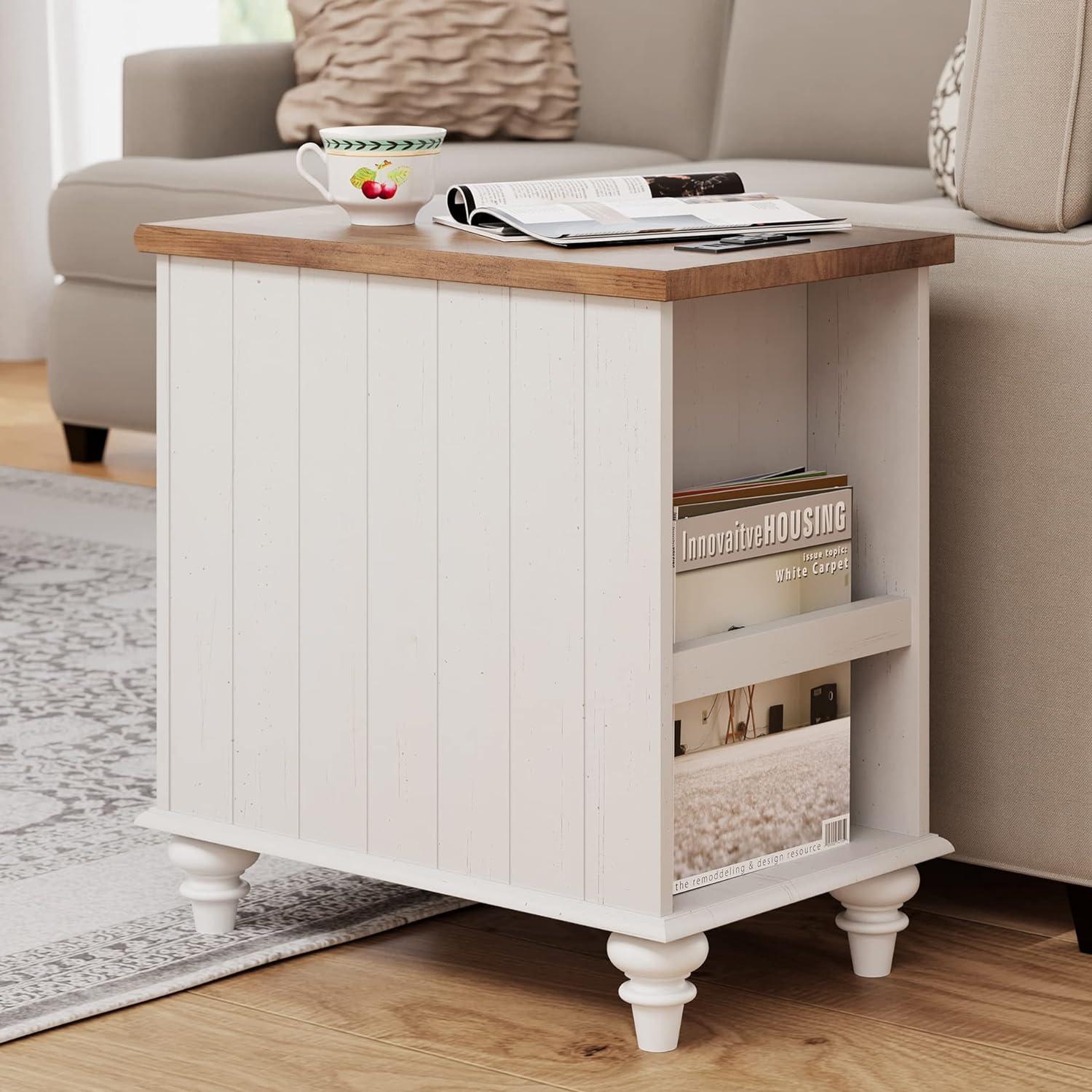 WAMPAT End Table with Charging Station, Side Table with Storage，2 Power Outlets&USB Ports for Living Room，Nightstand with Drawer and Storage Cabinet for Bedroom，White/Oak