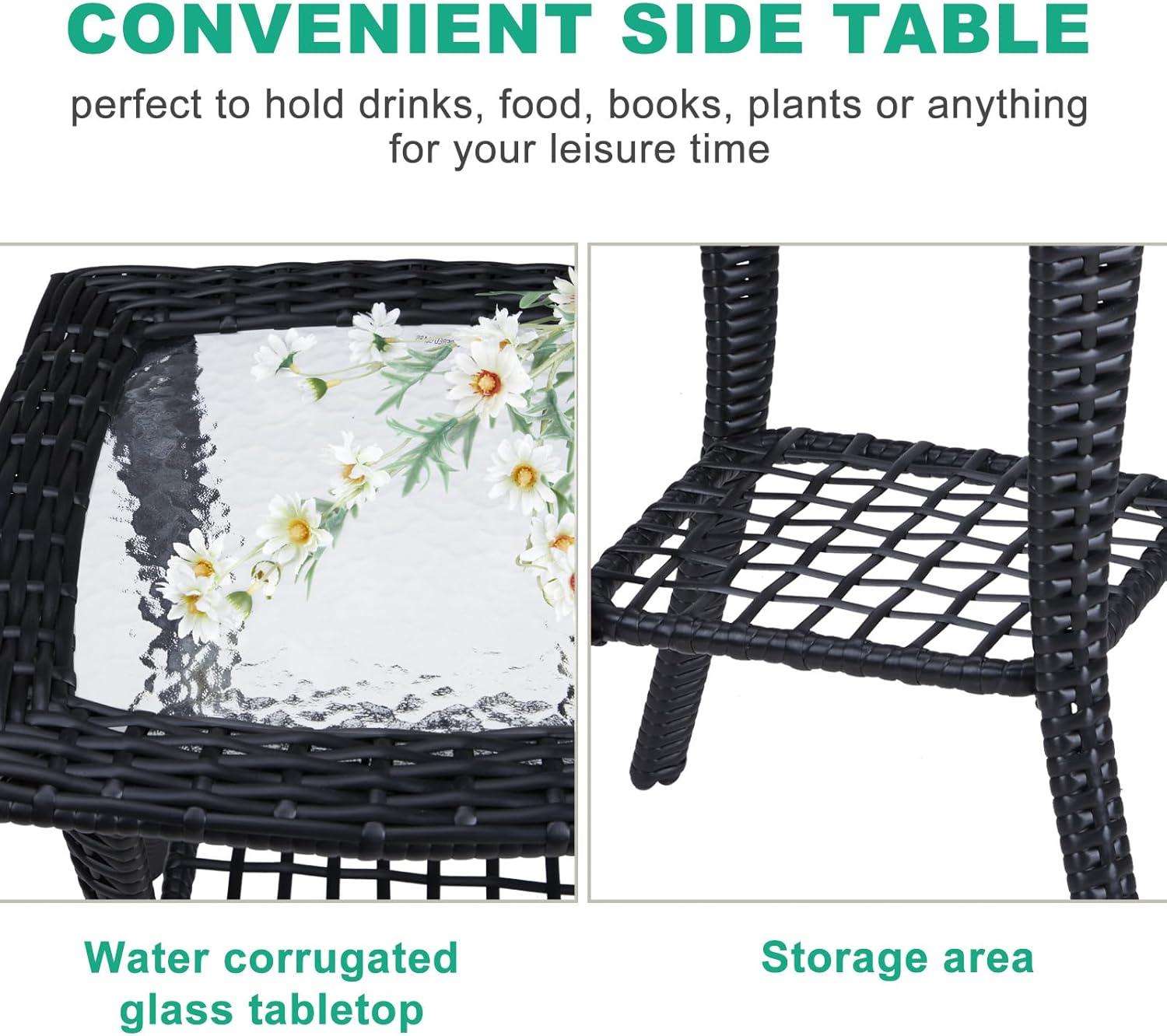 Black Wicker Outdoor End Table with Glass Top and Storage