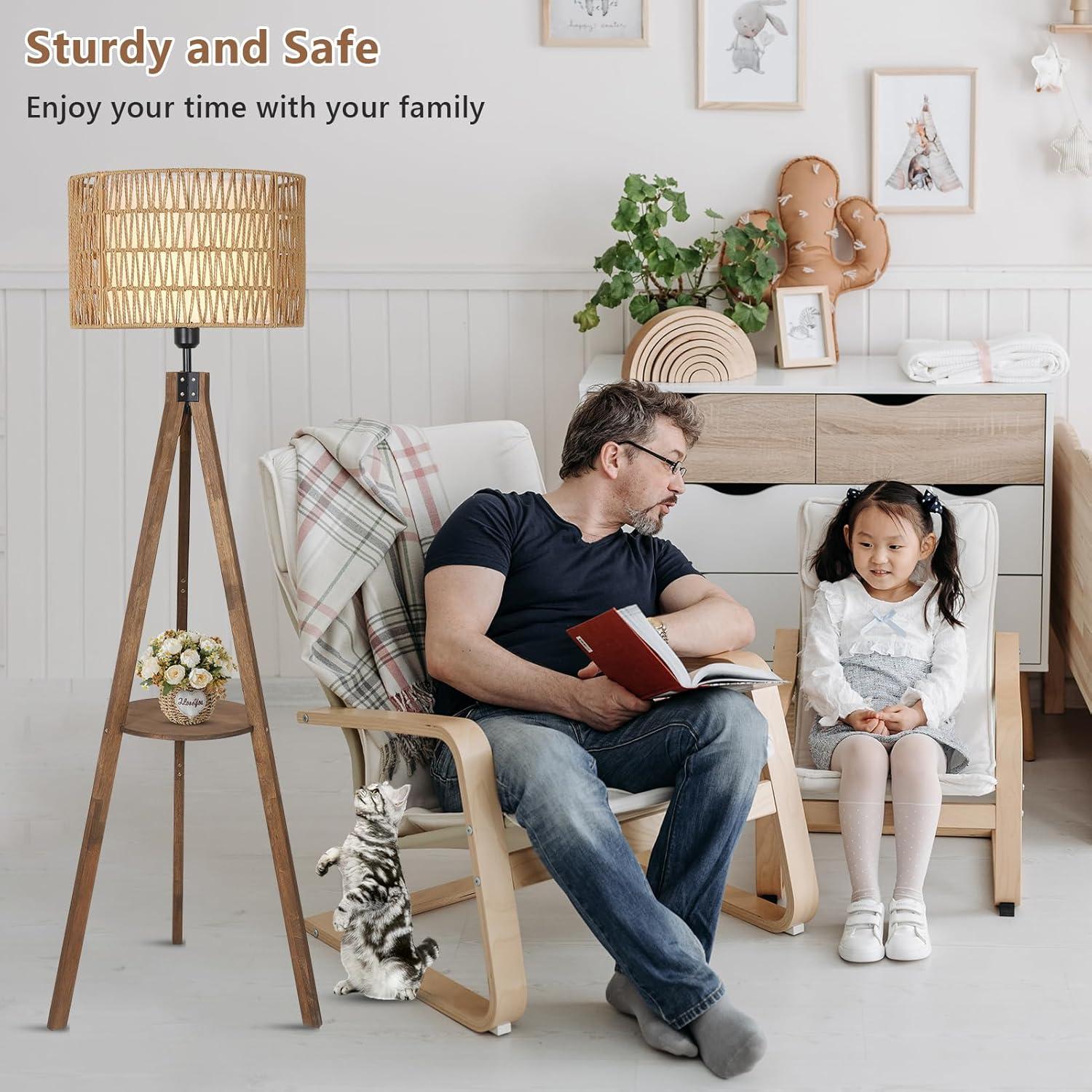 Boho Tripod Floor Lamp with Shelves, Mid Century Wood Standing Lamp with Rattan & Fabric Shades, ON/Off Foot Switch, Modern Farmhouse Tall Floor Lamps for Living Room Bedroom Office