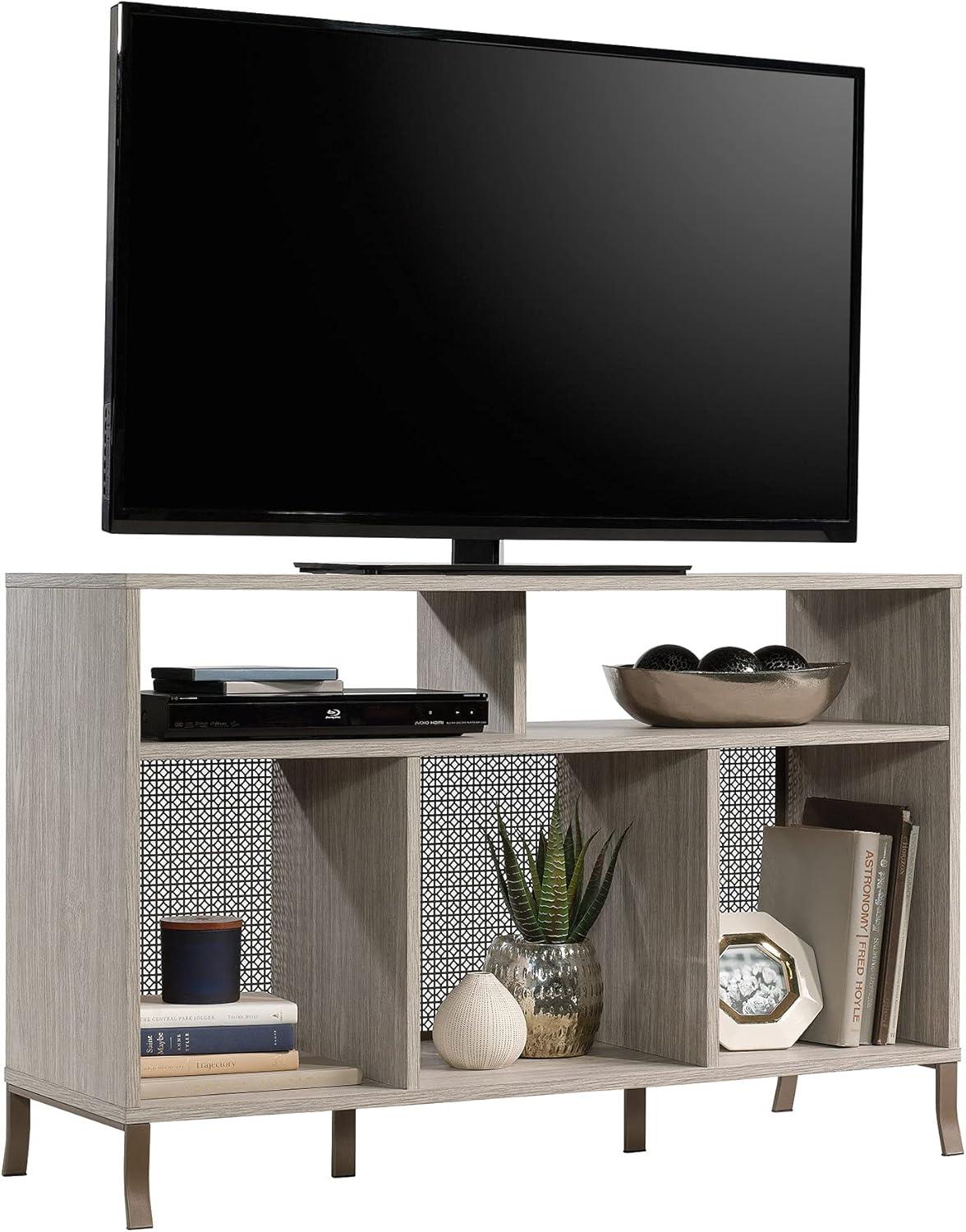 Sauder Center City TV Stand with Divided Storage Shelves, Champagne Oak Finish