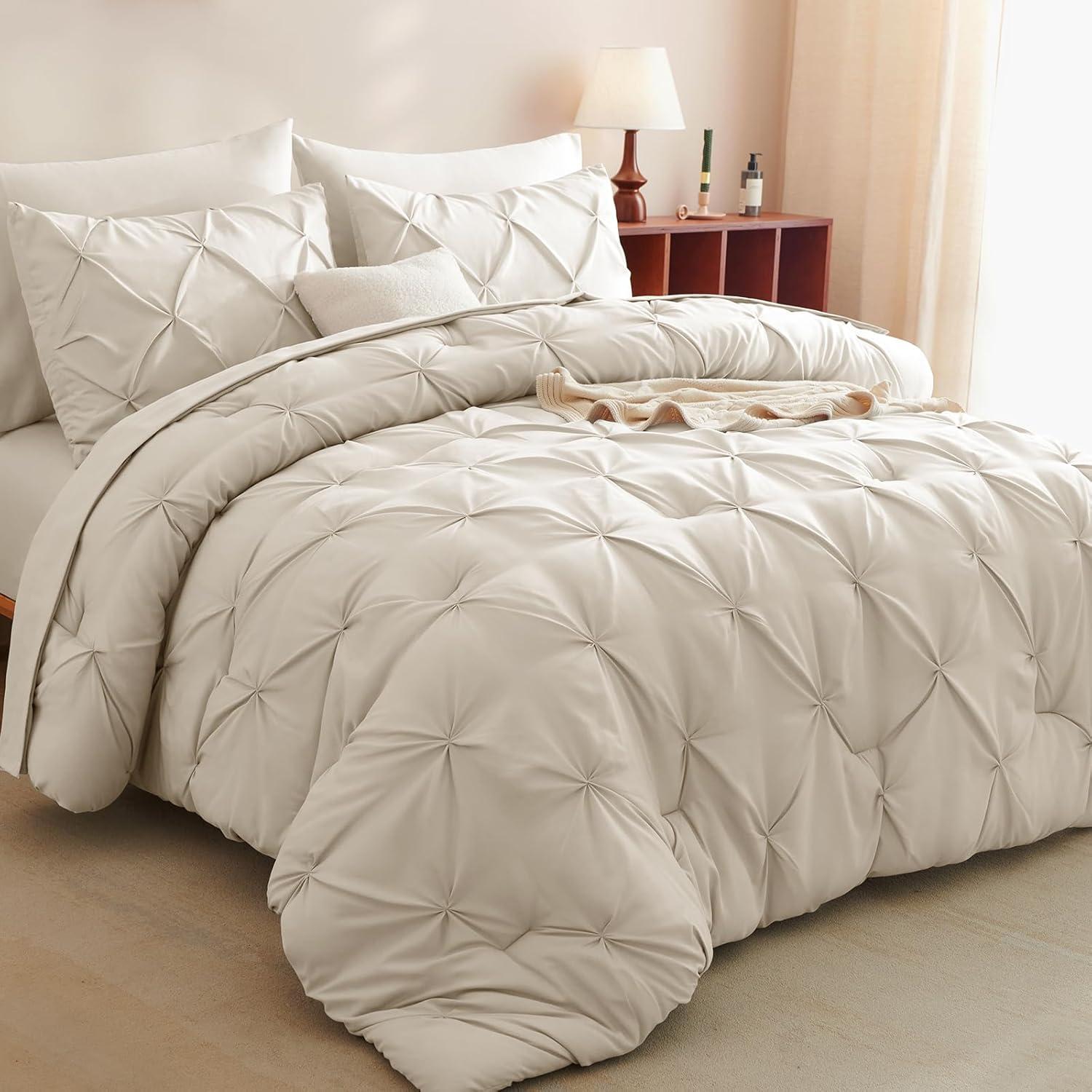 CozyLux Beige Comforter Set Queen 7 Pieces Bed in A Bag Cream Off White Pintuck Comforters Queen Size Pinch Pleat Bedding Sets with All Season Comforter, Flat Sheet, Fitted Sheet and Pillowcases&Shams