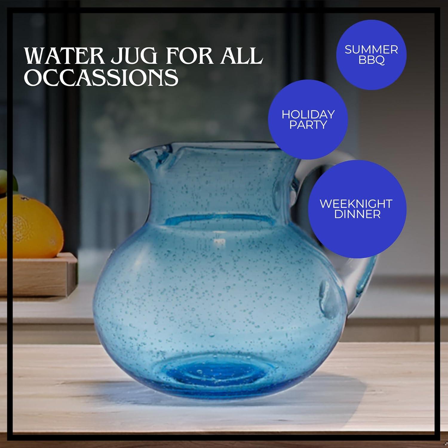 Artland Iris 90oz Hand Blown Pitcher & Set of 4 17oz Highball Glasses, Unique Bubble Design, Lead-Free Glass for Serving Beverages - Turquoise