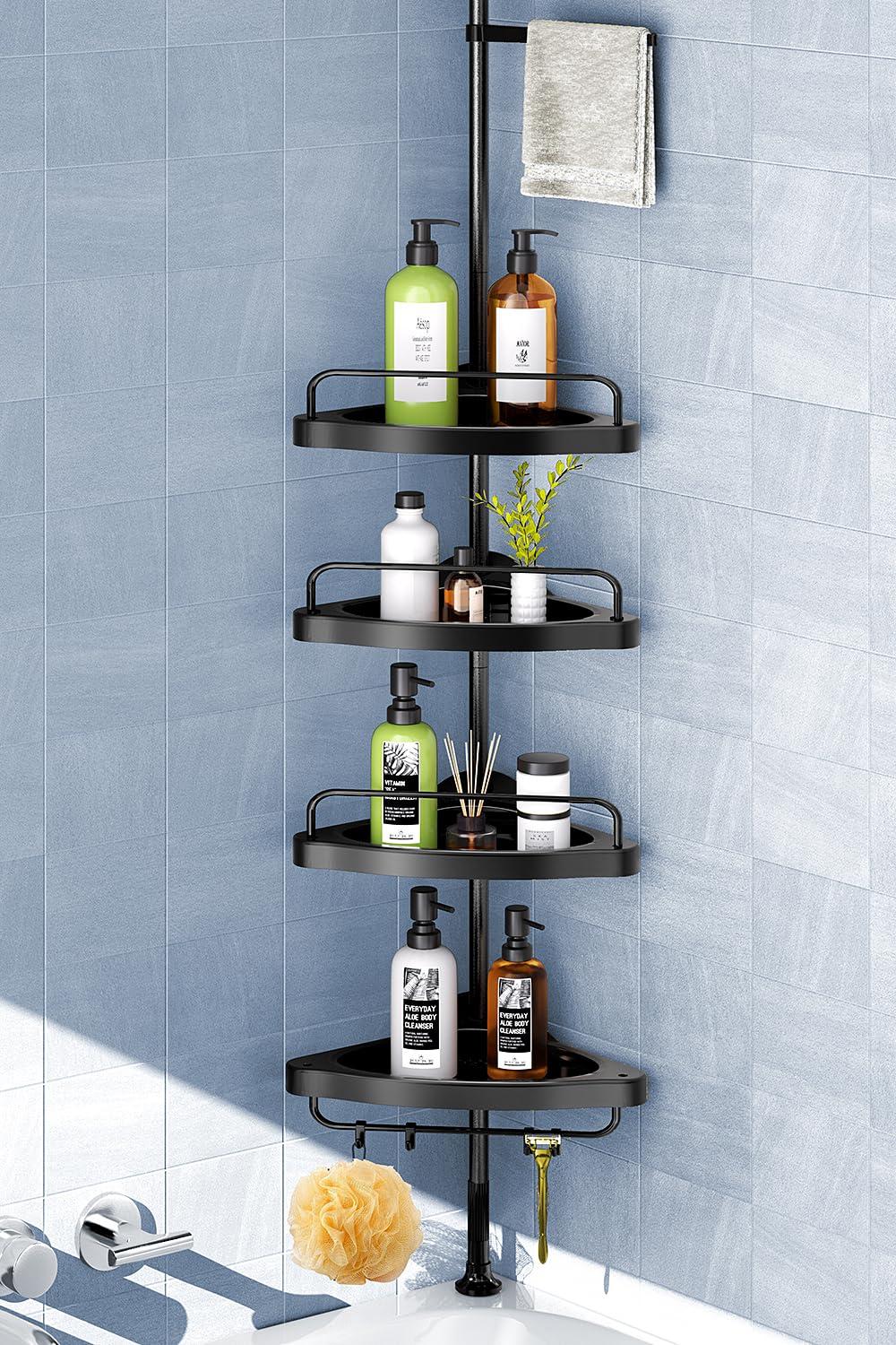 Corner Shower Caddy Tension Pole: Adjustable Stainless Steel Shower Organizer with 4 Tier Shelf for Bathroom Bathtub Tub Shampoo -Floor Standing Rack Bath Storage Holder with Rust Proof Rods - Black