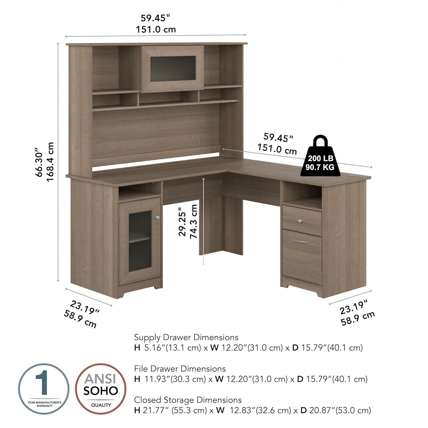 Bush Furniture Cabot 60" L Desk and Hutch with Storage, Ash Gray