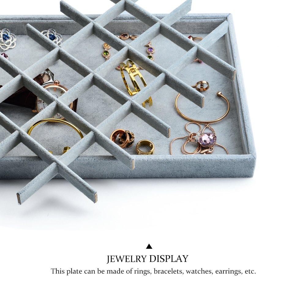 Coofanin Jewelry Box Jewelry Tray Stackable Display Drawer Showcase Organizer Storage Holder for Ring Earring Bracelet Gray Velvet 24 Grid (Grey )