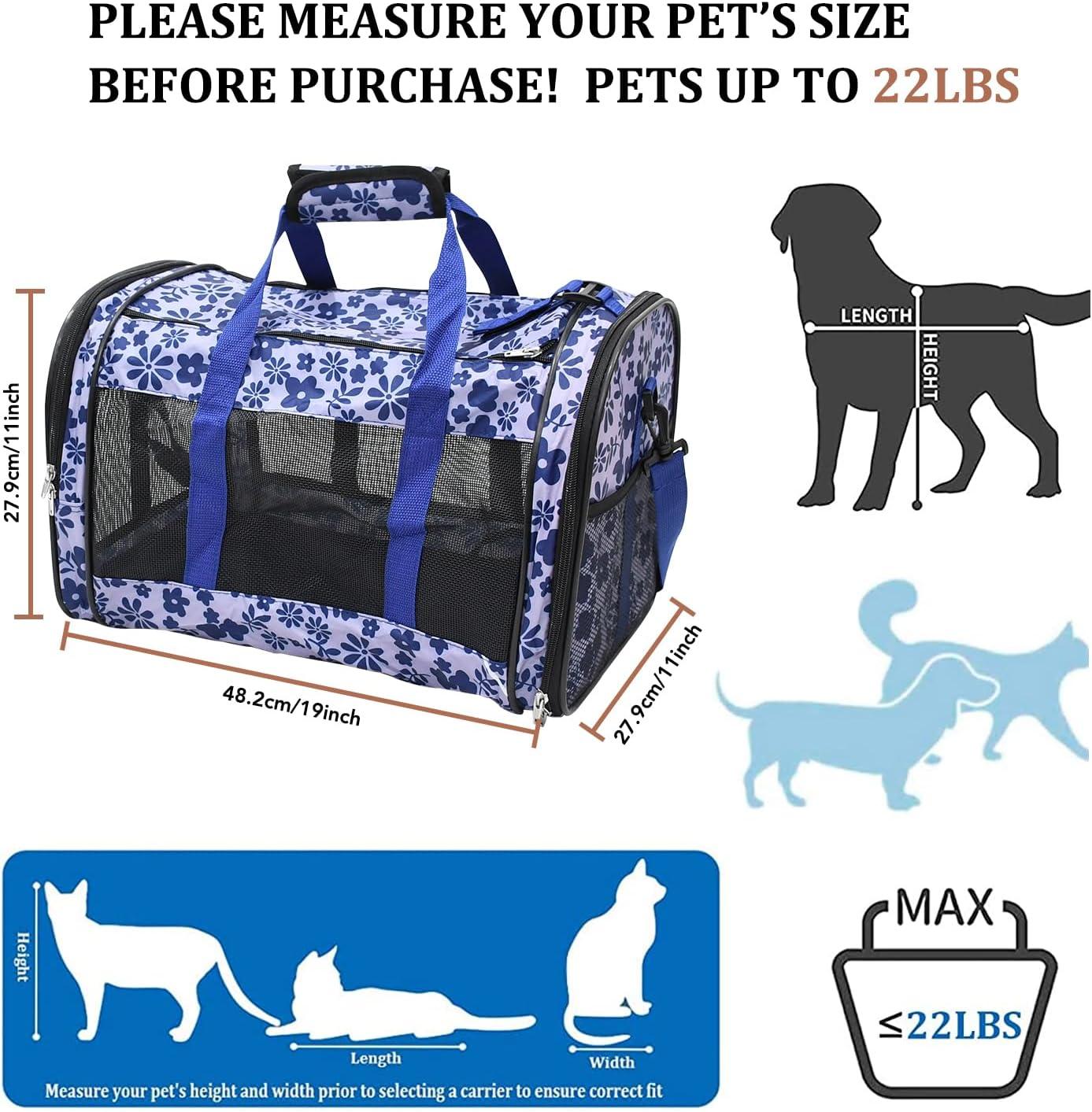 ZAKAPAWS Soft-Sided Kennel Pet Carrier for Small Dogs, Cats, Puppy, Airline Approved Cat Carriers Dog Carrier Collapsible (Floral Print Blue, 19" L x 11" W x 11" H)