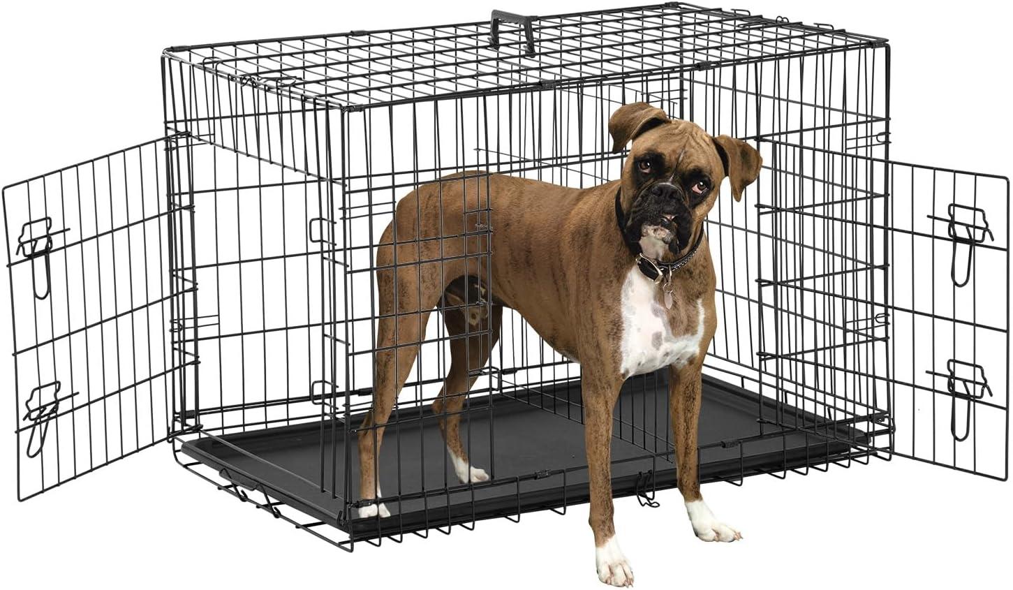 CL.HPAHKL Durable Large Dog Crate, Folding Metal Dog Kennel Double Door Dog Cage with Plastic Tray, Wire Crate for Large Dog Indoor Outdoor Travel (Black, 42 inch)