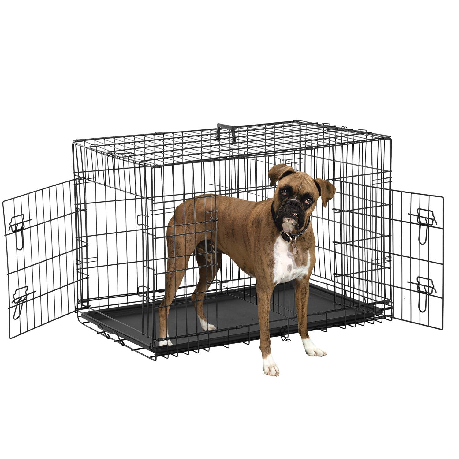 CL.HPAHKL Durable Large Dog Crate, Folding Metal Dog Kennel Double Door Dog Cage with Plastic Tray, Wire Crate for Large Dog Indoor Outdoor Travel (Black, 42 inch)