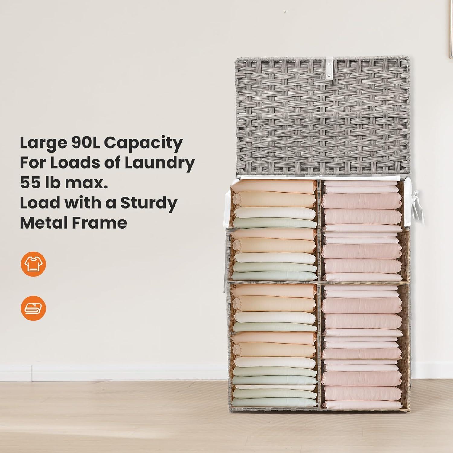 ZUNMOS Laundry Hamper, No Installation Required, with Removable Liner, 90 Liter Hand-Woven Synthetic Rattan Laundry Hamper with Lid and Handle, Collapsible, Gray