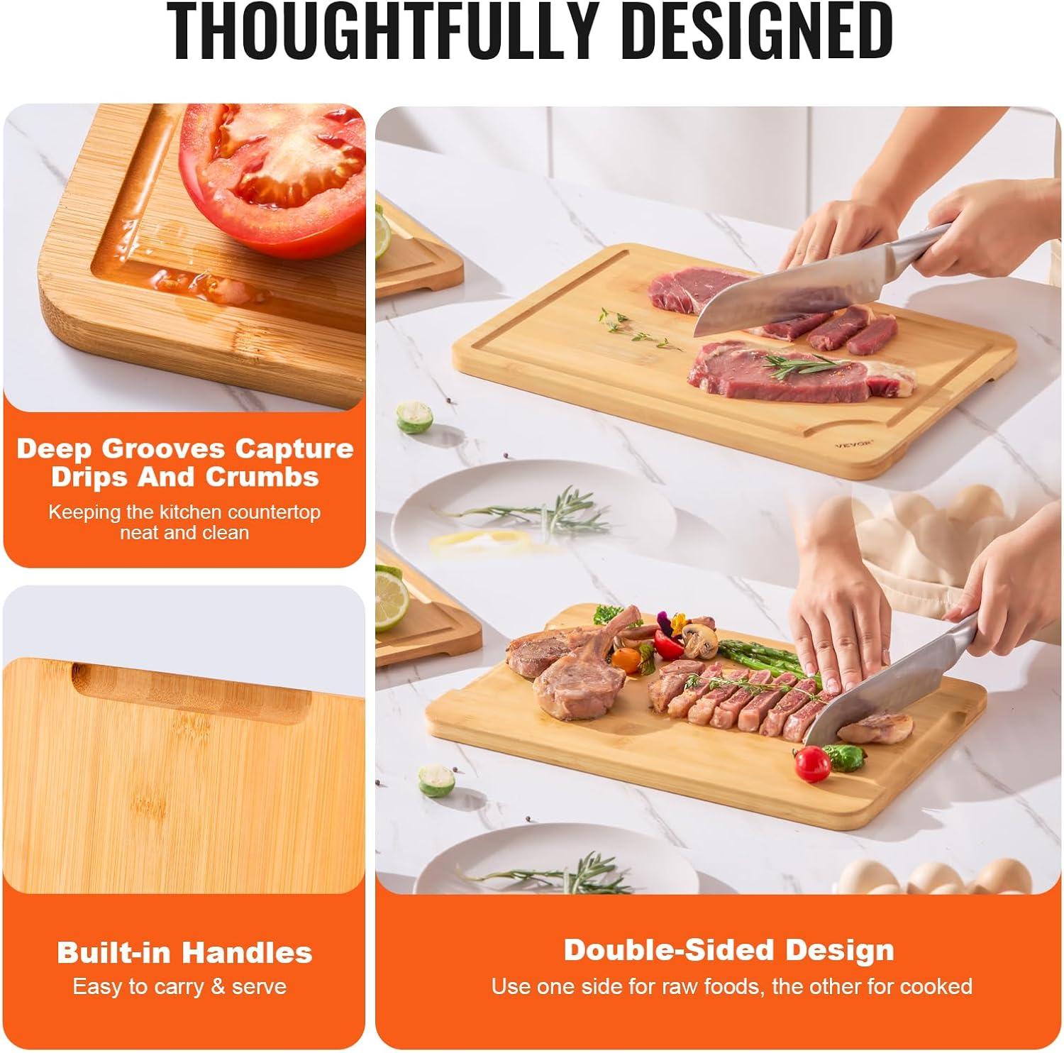 VEVOR Cutting Board 3 Pieces, Premium Versatile Bamboo Cutting Board, Food-Grade Oil and Juice Groove,Sturdy Durable Chopping Board, Built-in Handle, Wooden Cutting Board for Display Chopping Serving
