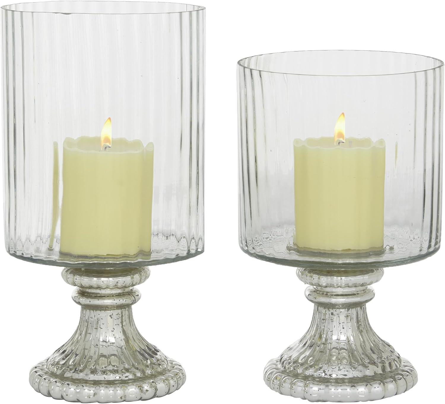 DecMode 2-Slot Silver Glass Hurricane Lamp, Set of 2