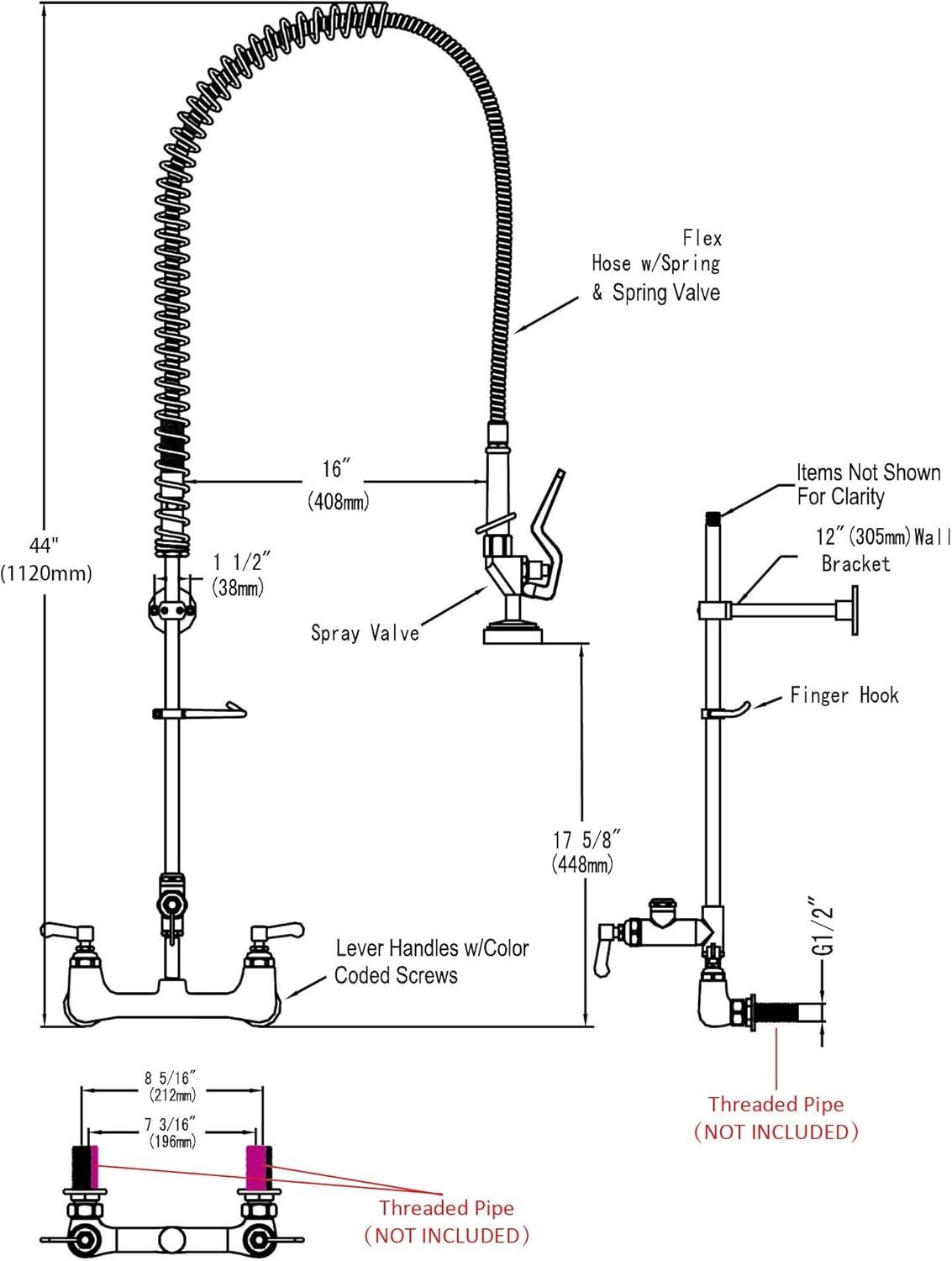 Aquaterior 44" Commercial Pre-Rinse Kitchen Faucet 12" Add-on Spout Wall Mount CUPC NSF CEC
