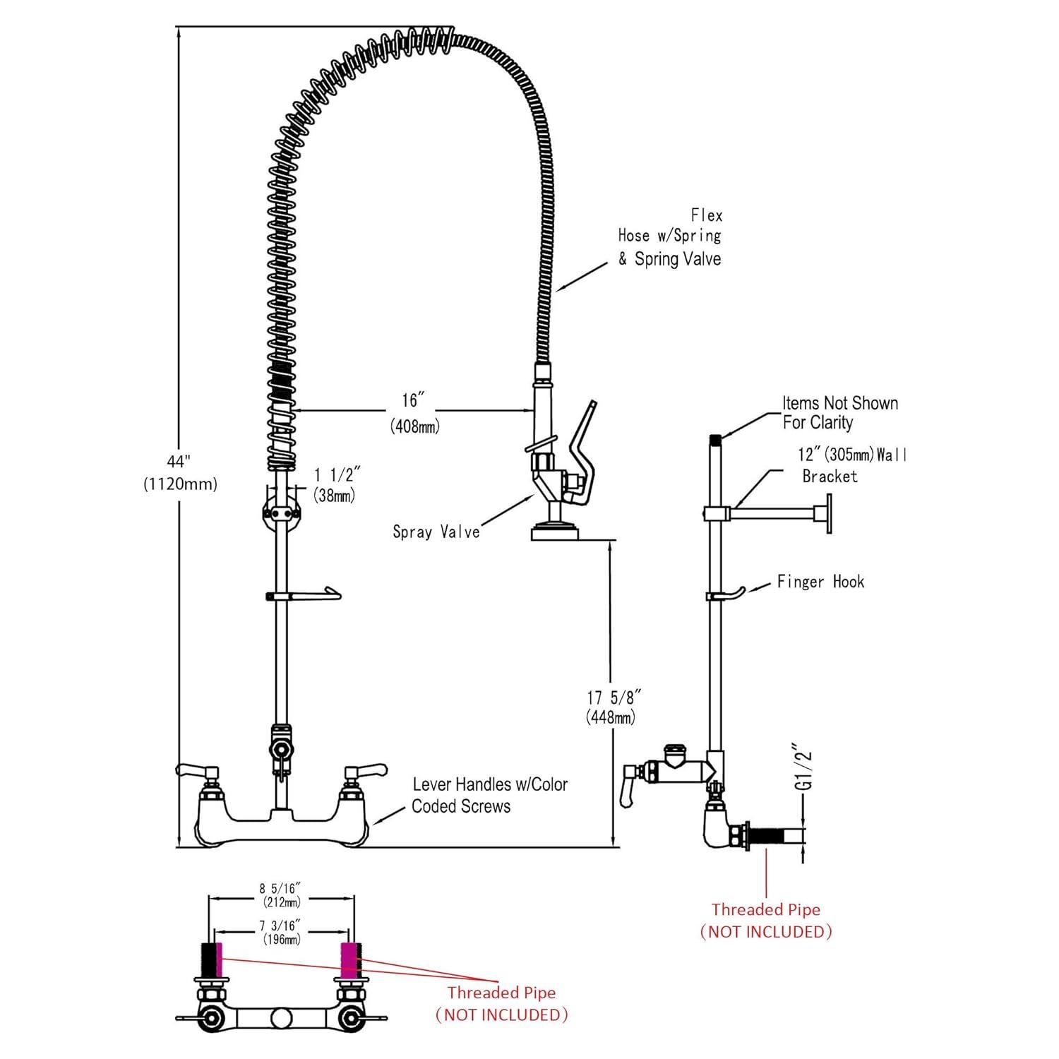 Aquaterior 44" Commercial Pre-Rinse Kitchen Faucet 12" Add-on Spout Wall Mount CUPC NSF CEC
