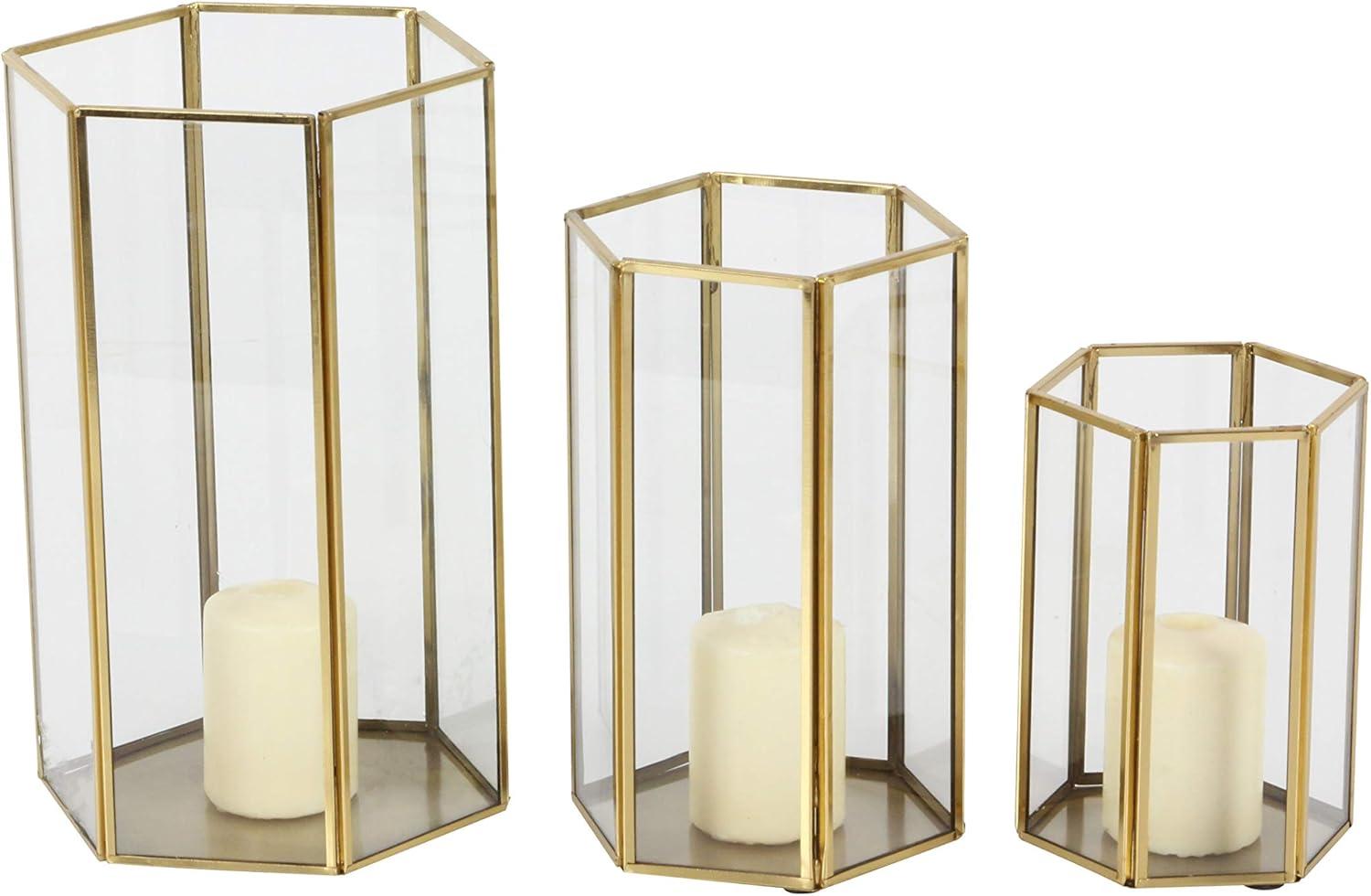 3 Piece Glass and Metal Tabletop Hurricane Holder Candle Lantern Set