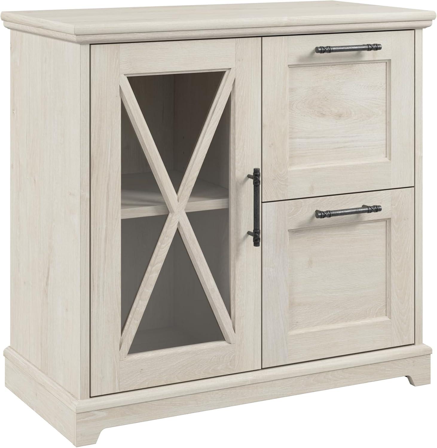 Linen White Oak 2 Drawer Lateral File Cabinet with Glass Door