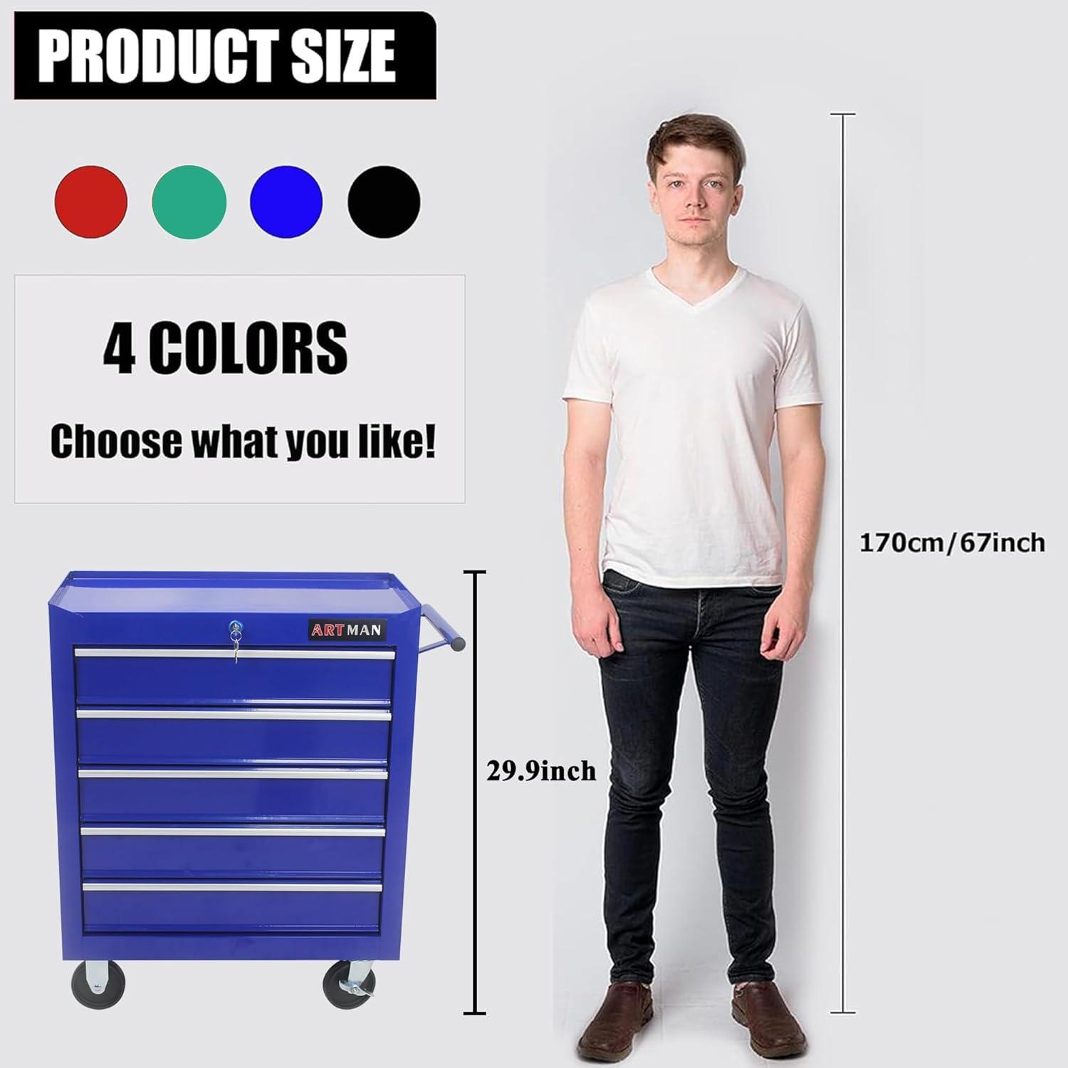 5 Large Drawers Tool Cart on Wheels,Rolling Tool Chest Tool Storage,Drawers Rolling Tool Trolley Organizer Tool Case for Garage, Warehouse, Workshop, Repair Shop (5 Large Drawers-29.3" H-Blue)