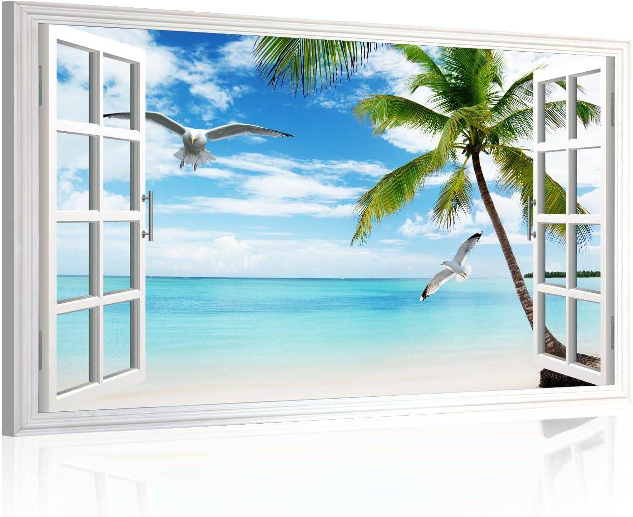 wall26 Canvas Print Wall Art Window View of Tropical Island Beach Paradise Nature Wilderness Photography Modern Art Rustic Scenic Colorful Ultra for Living Room, Bedroom, Office - 24"x36"