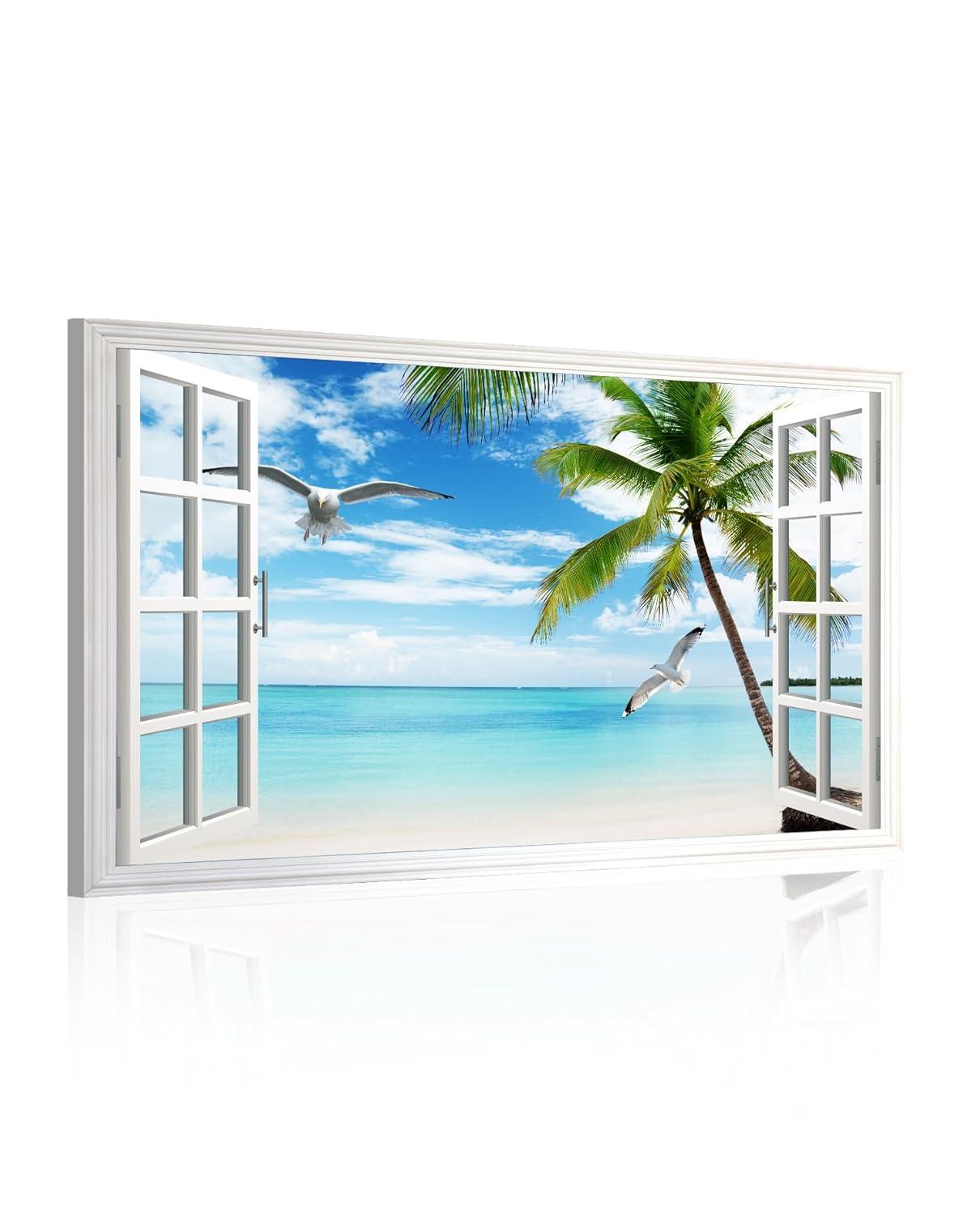 wall26 Canvas Print Wall Art Window View of Tropical Island Beach Paradise Nature Wilderness Photography Modern Art Rustic Scenic Colorful Ultra for Living Room, Bedroom, Office - 24"x36"