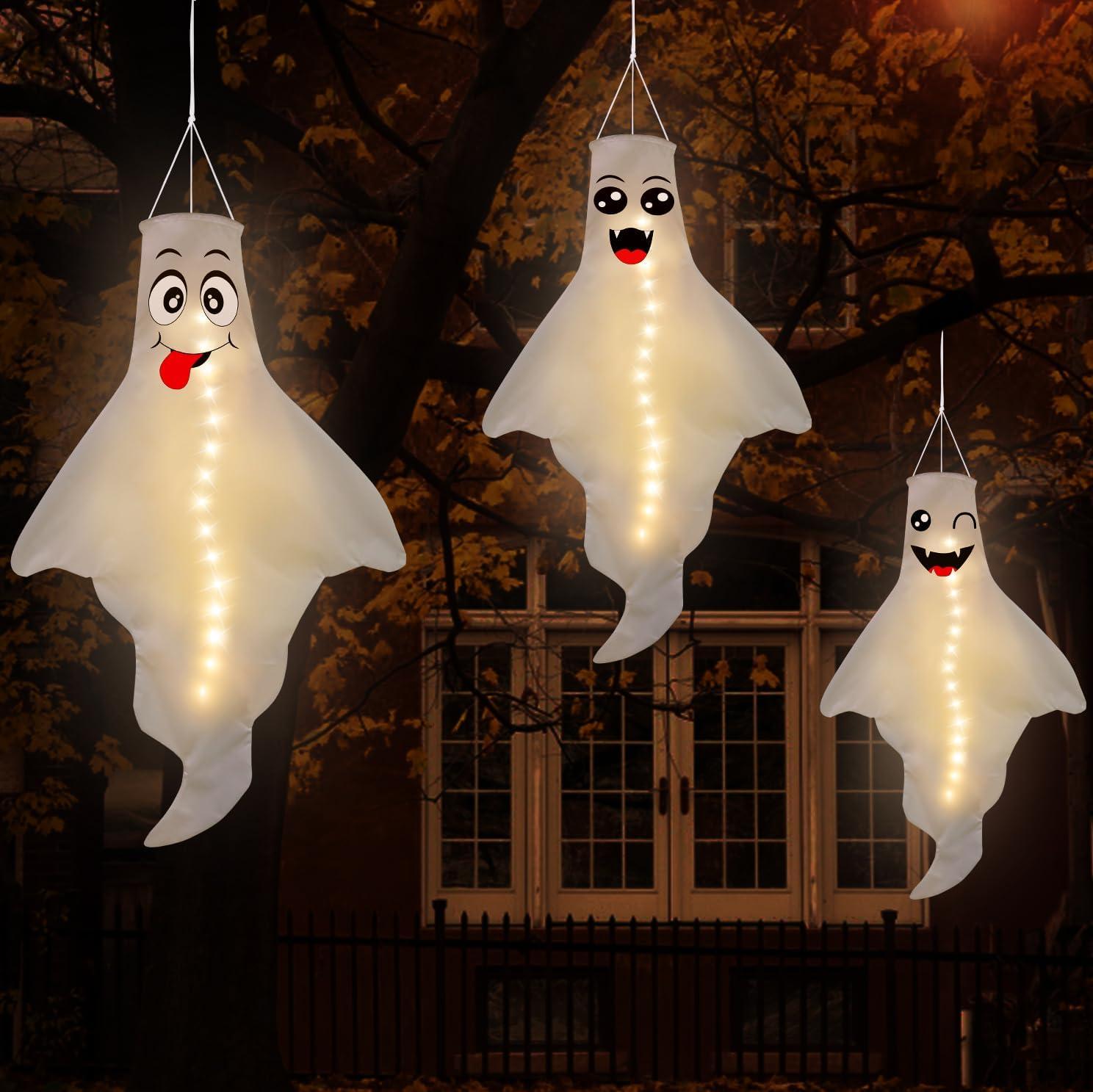 Set of 3 LED Hanging Ghost Windsocks for Halloween