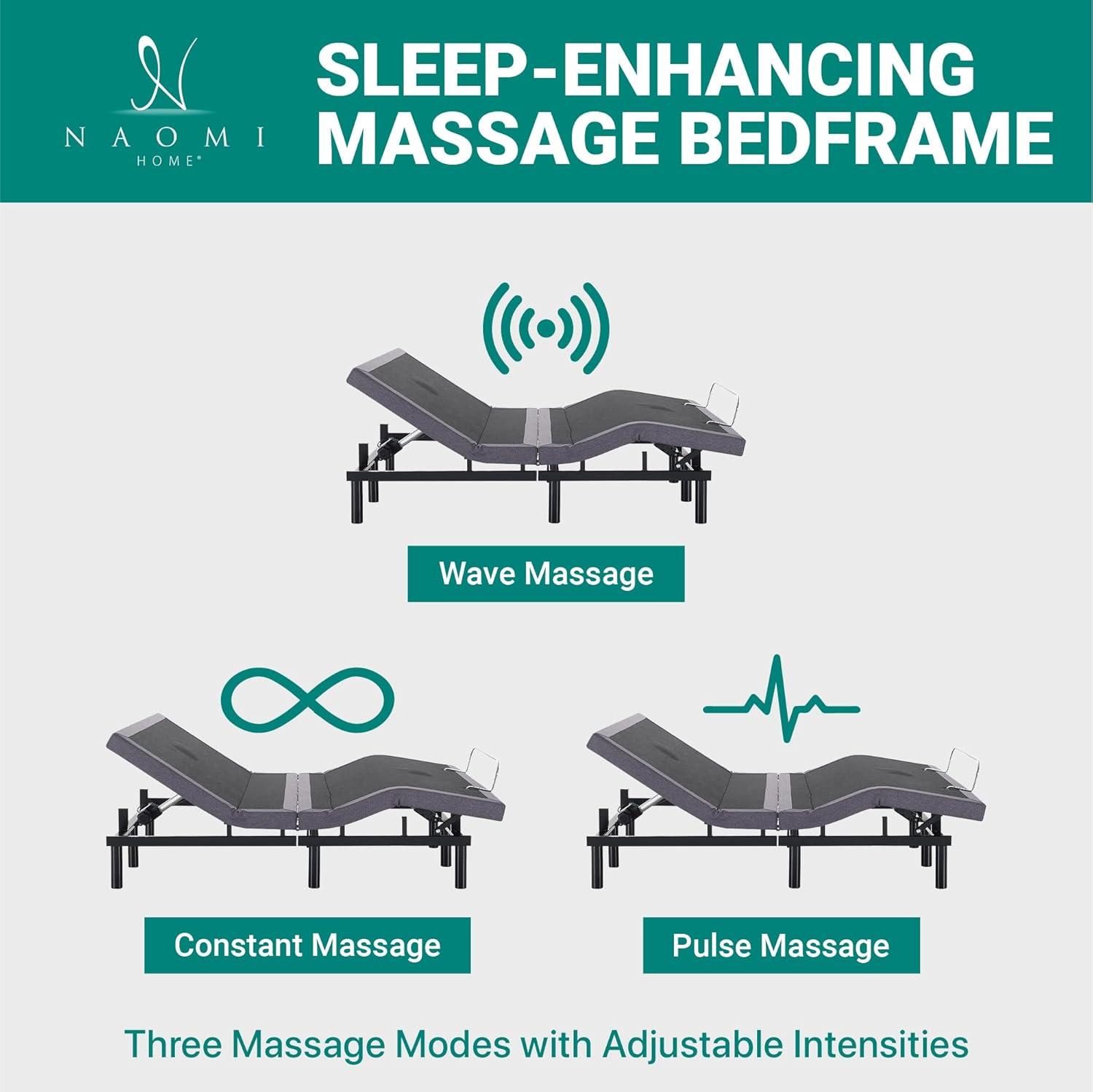 Naomi Home Split King Size Ergonomic Adjustable Bed Base with Basic Lumbar Support & Head Tilt, Back & Leg Massage, Wireless Remote, Assembly Needed - Split King, Gray