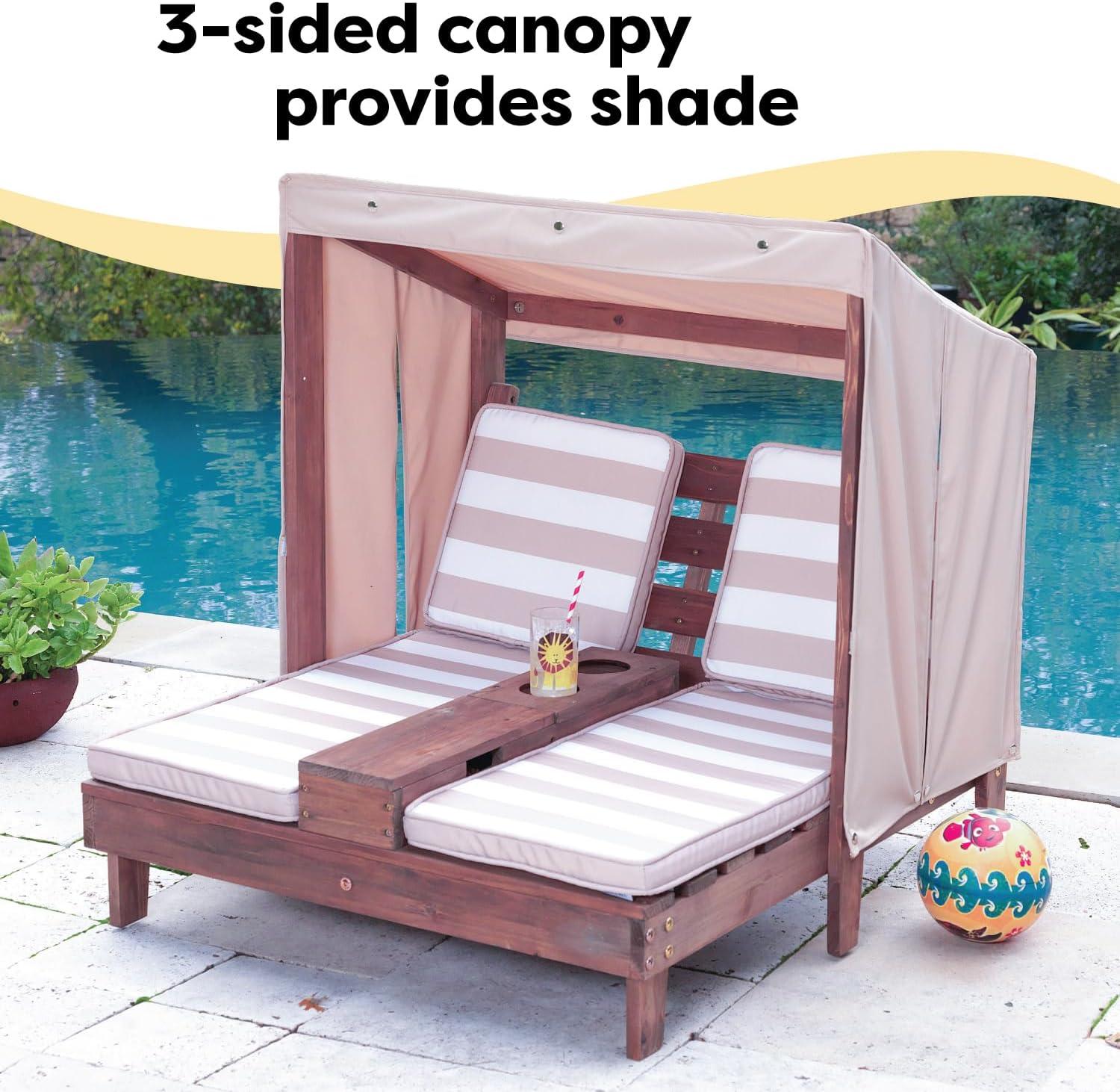 Wooden Outdoor Double Lounger with Cup Holder, Wood Color, L x W x H 36.5 x 33.4 x 35.1 inches